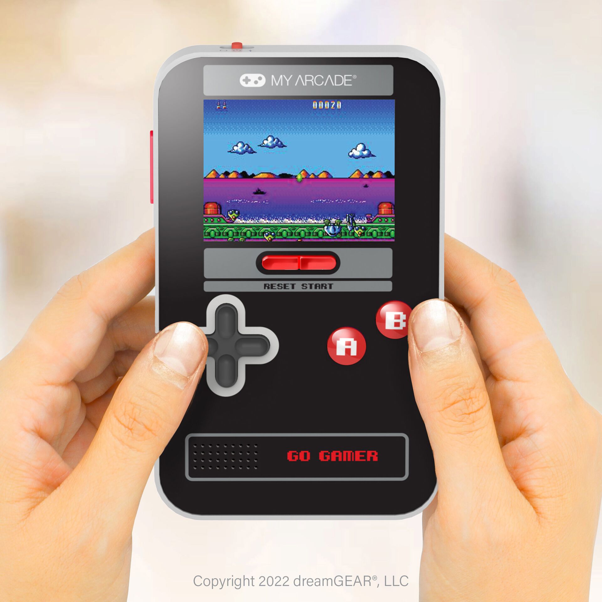 handheld, gaming console, retro design, pixel art, go gamer