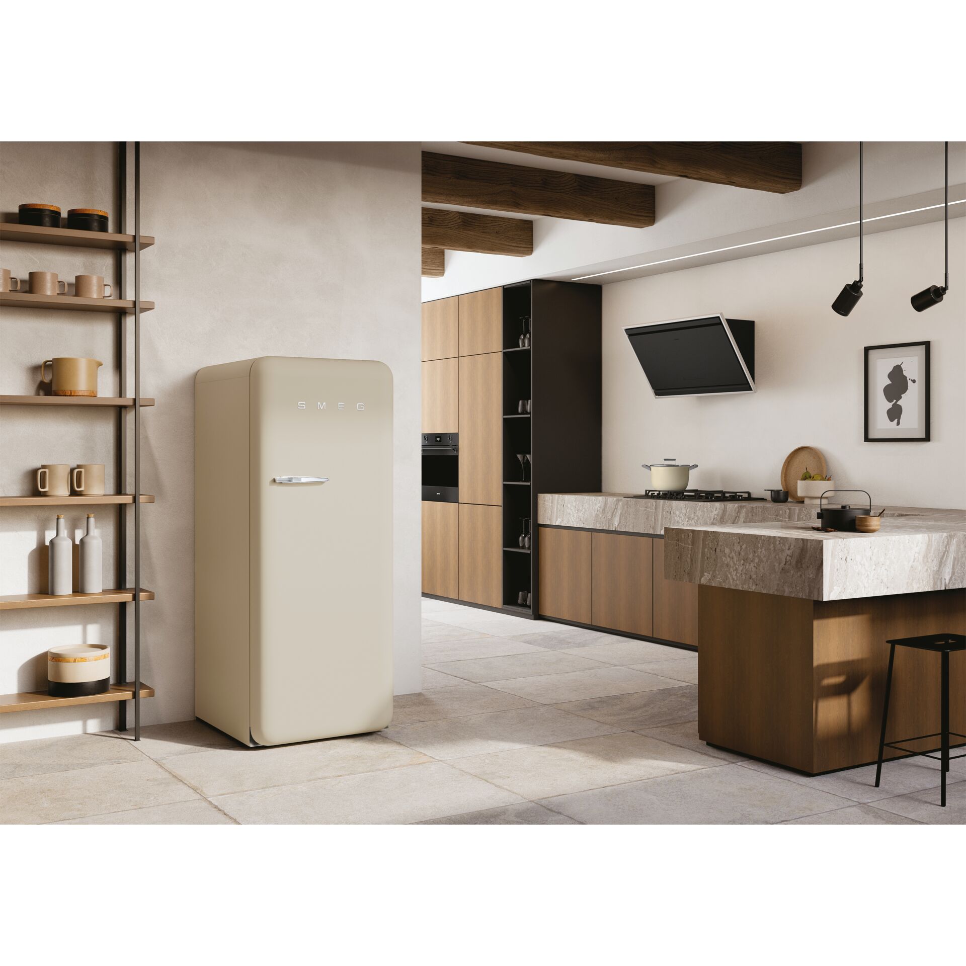 Kühlschrank, Retro-Stil, Beige, Kücheninsel, Offene Regale