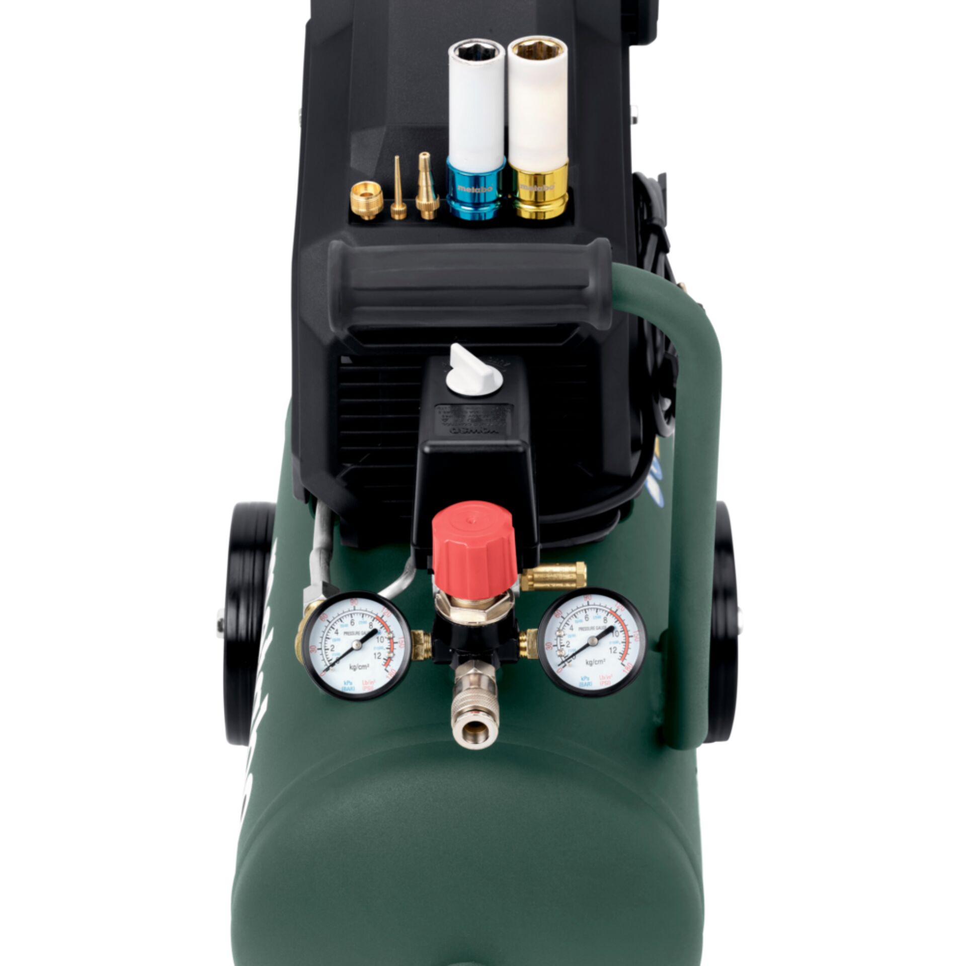 Kompresser, Manometer, Druckregler, Schlauchanschluss, Grüne Gehäuse