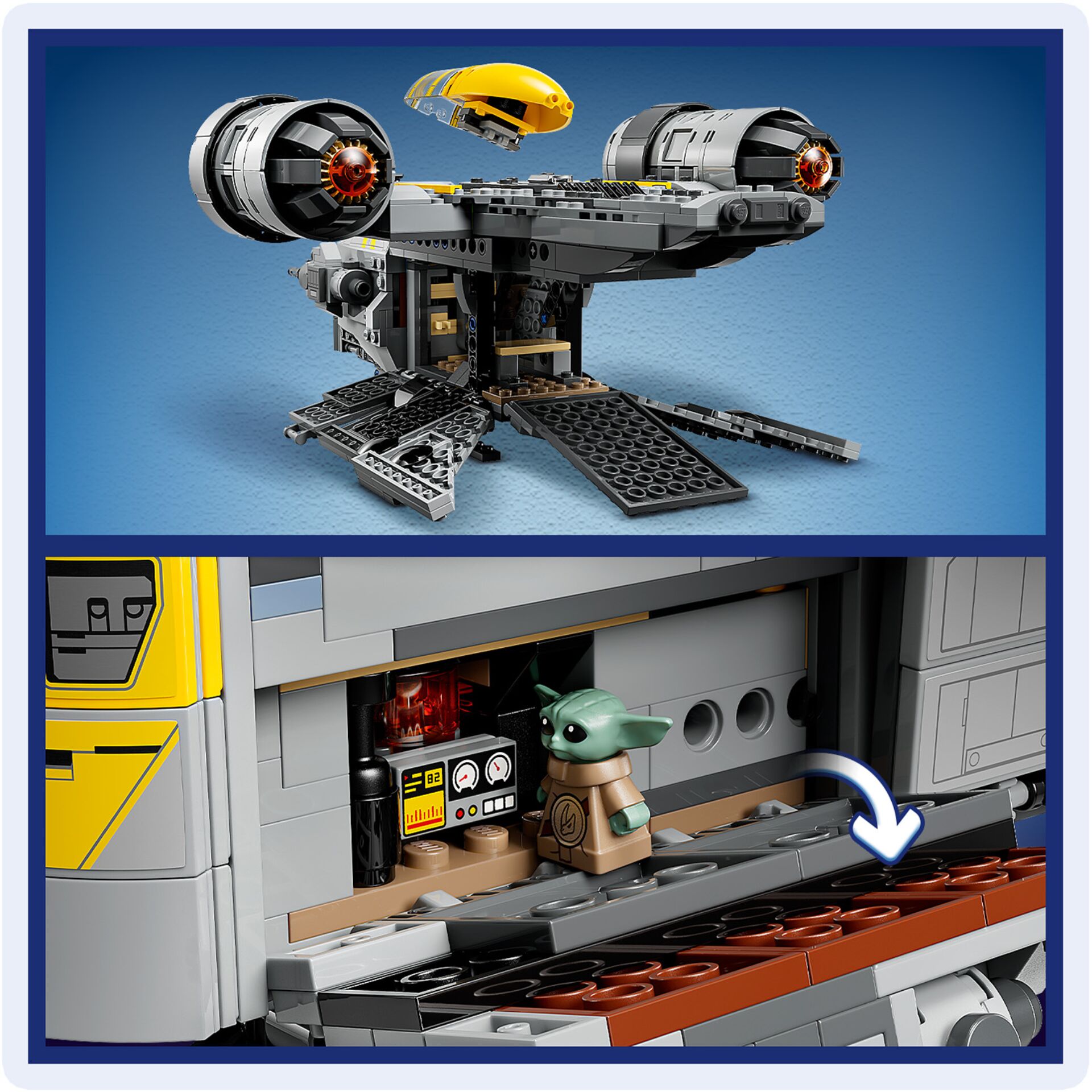 Lego ship, Space craft, Yellow cockpit, Gray building, Minifigure Baby Yoda
