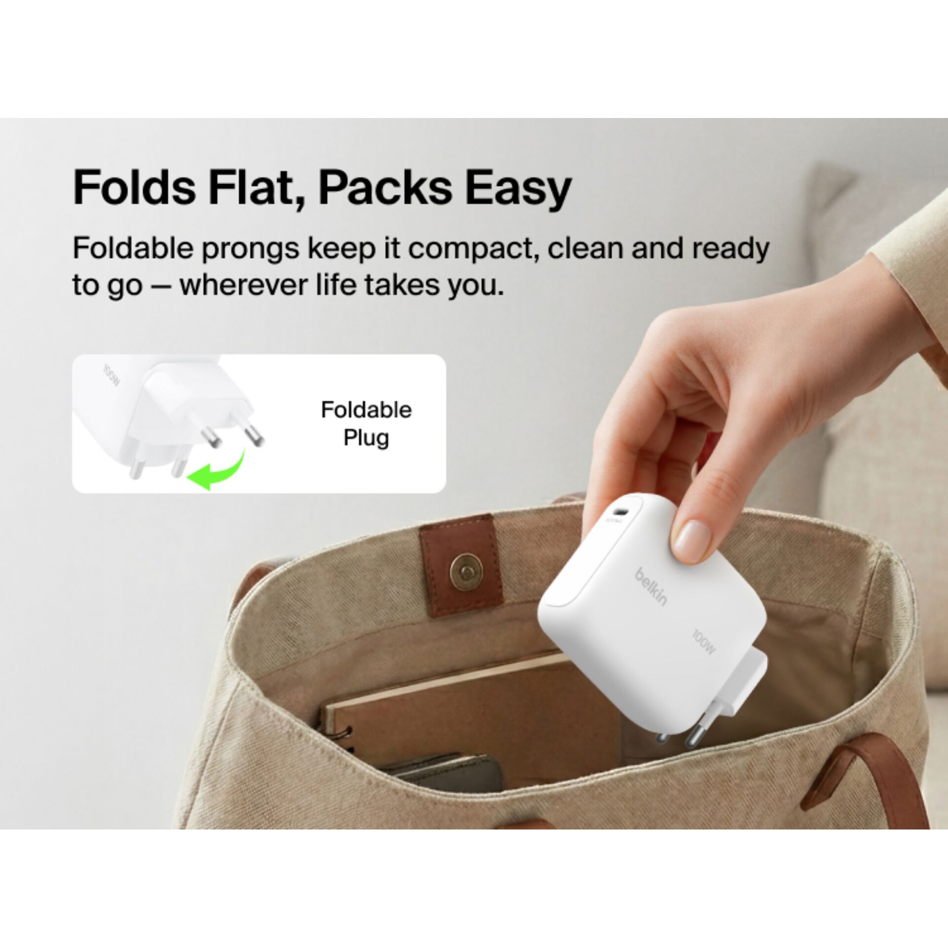 Faltbarer Stecker, Portabler Ladegerät, Reiseadapter, USB-C Stecker, Weißer Adapter