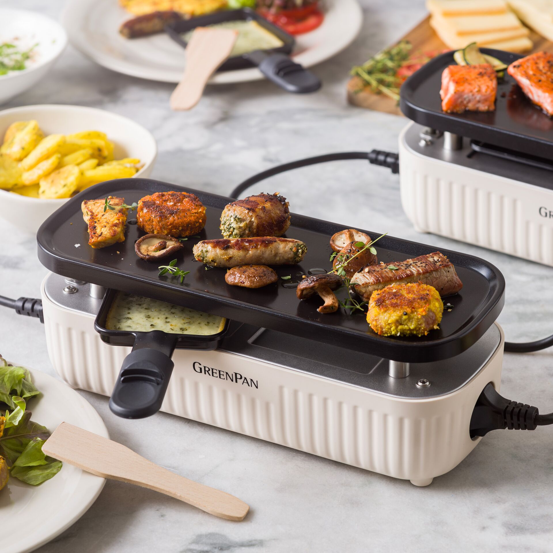 Raclette-Grill, Tischgrill, Grillplatte, Antihaftbeschichtung, Cremefarben