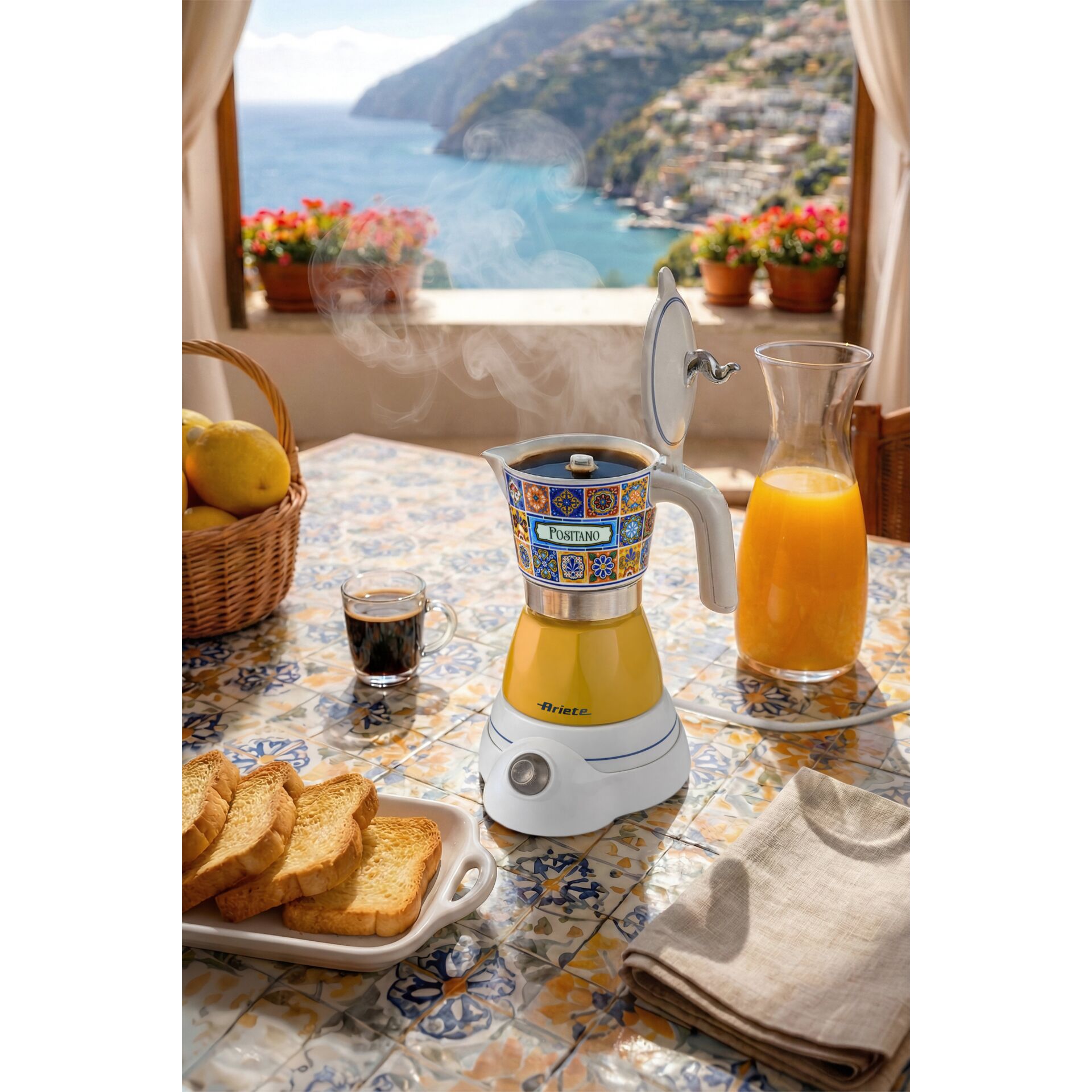 Kaffeemaschine, Espresso, Küchentisch, Orangensaft, Toastbrot