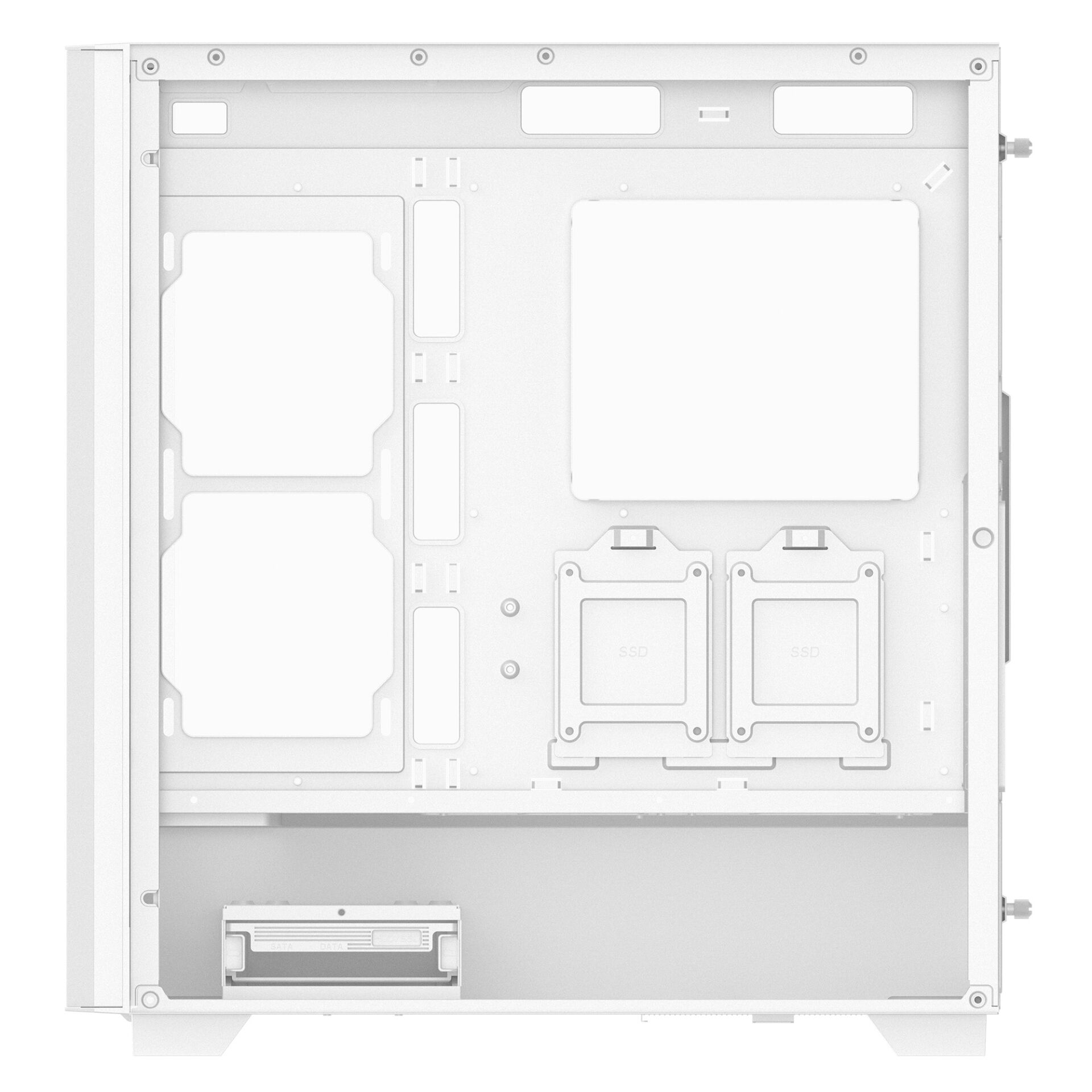 PC-Gehäuse, Motherboard-Tray, SSD-Halterungen, Kabelmanagement, Weißes Gehäuse