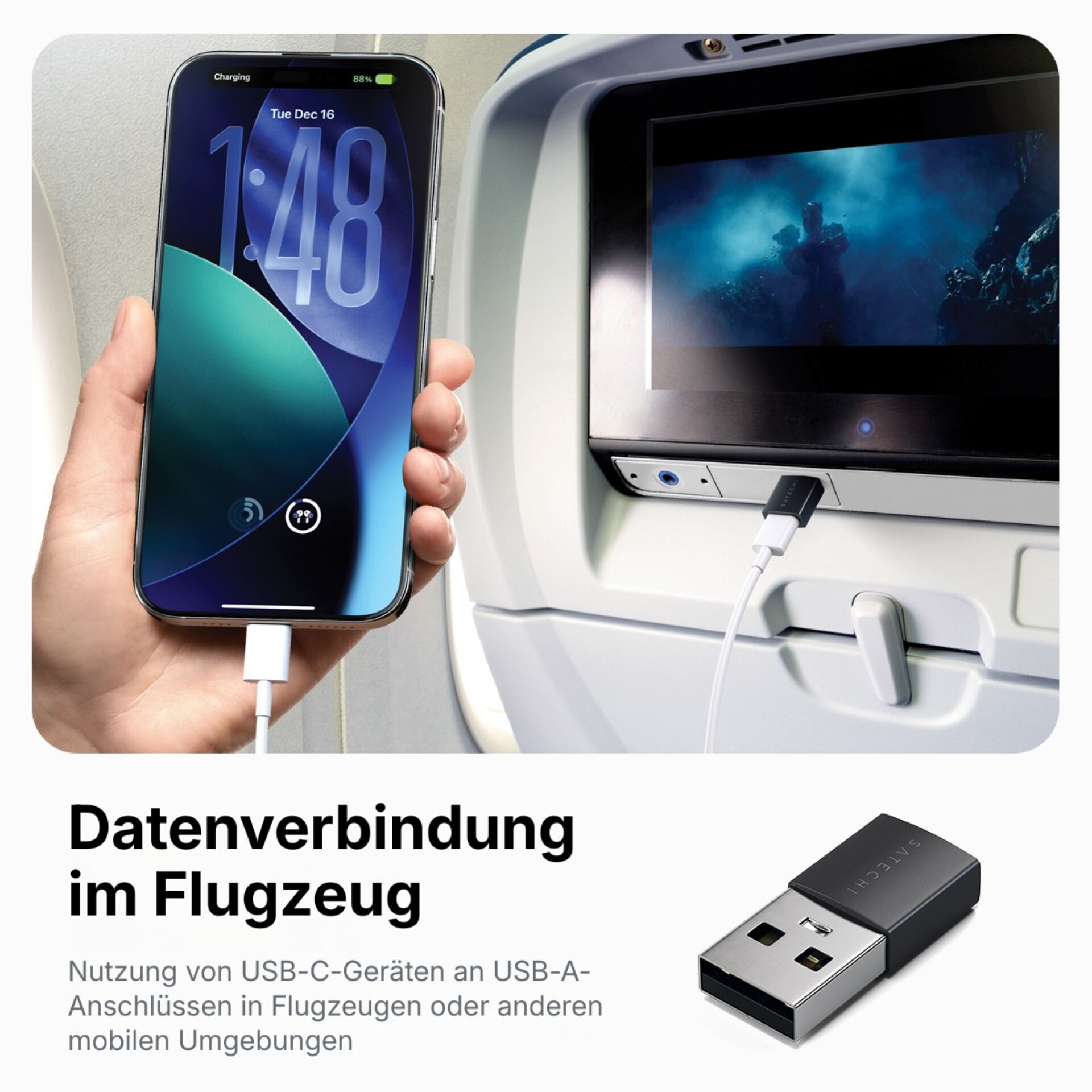 Smartphone, USB-C-Adapter, im Flugzeug, Flugzeug, USB-A