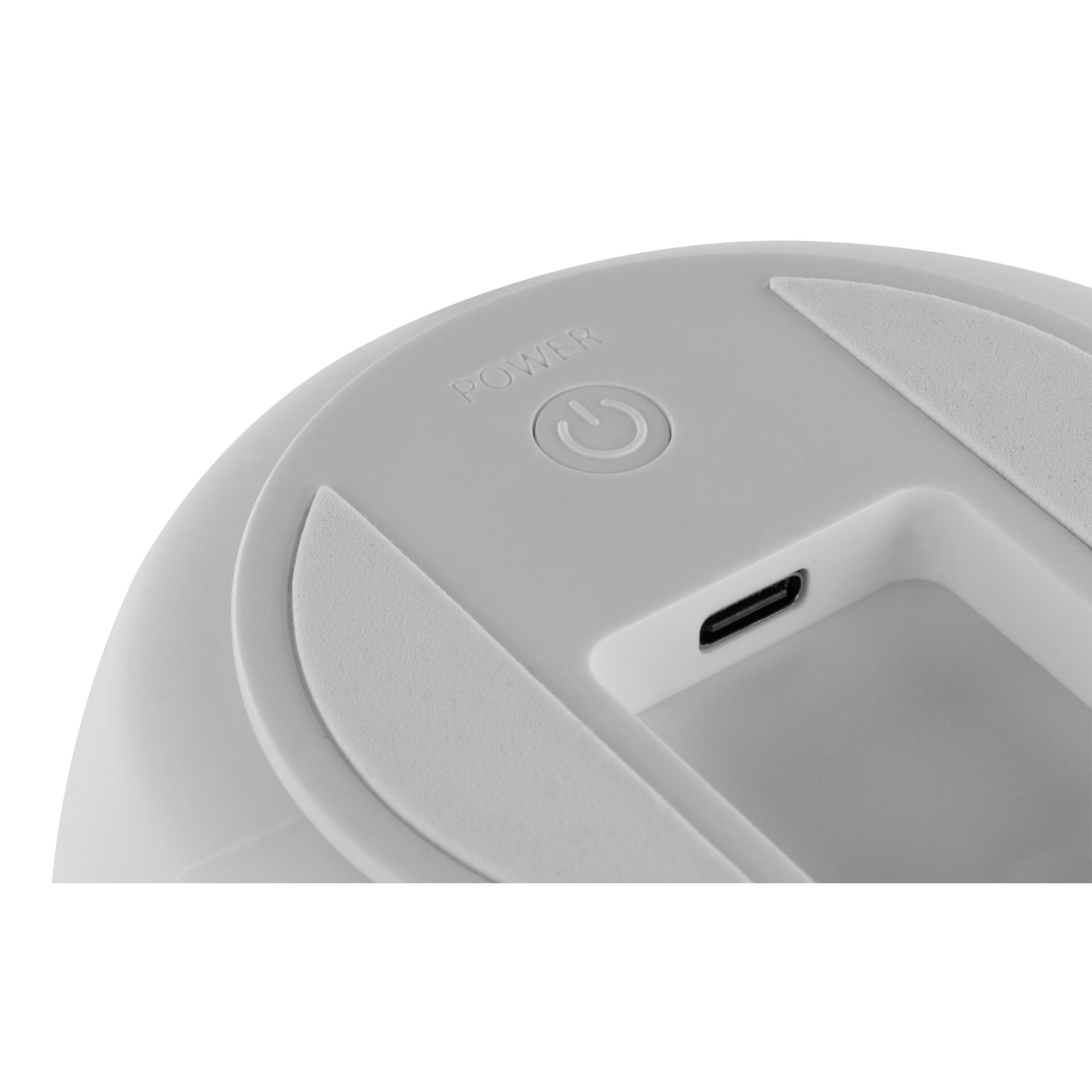 Power-Taste, USB-C-Anschluss, Ladebasis, runde Kante, weiß/grau