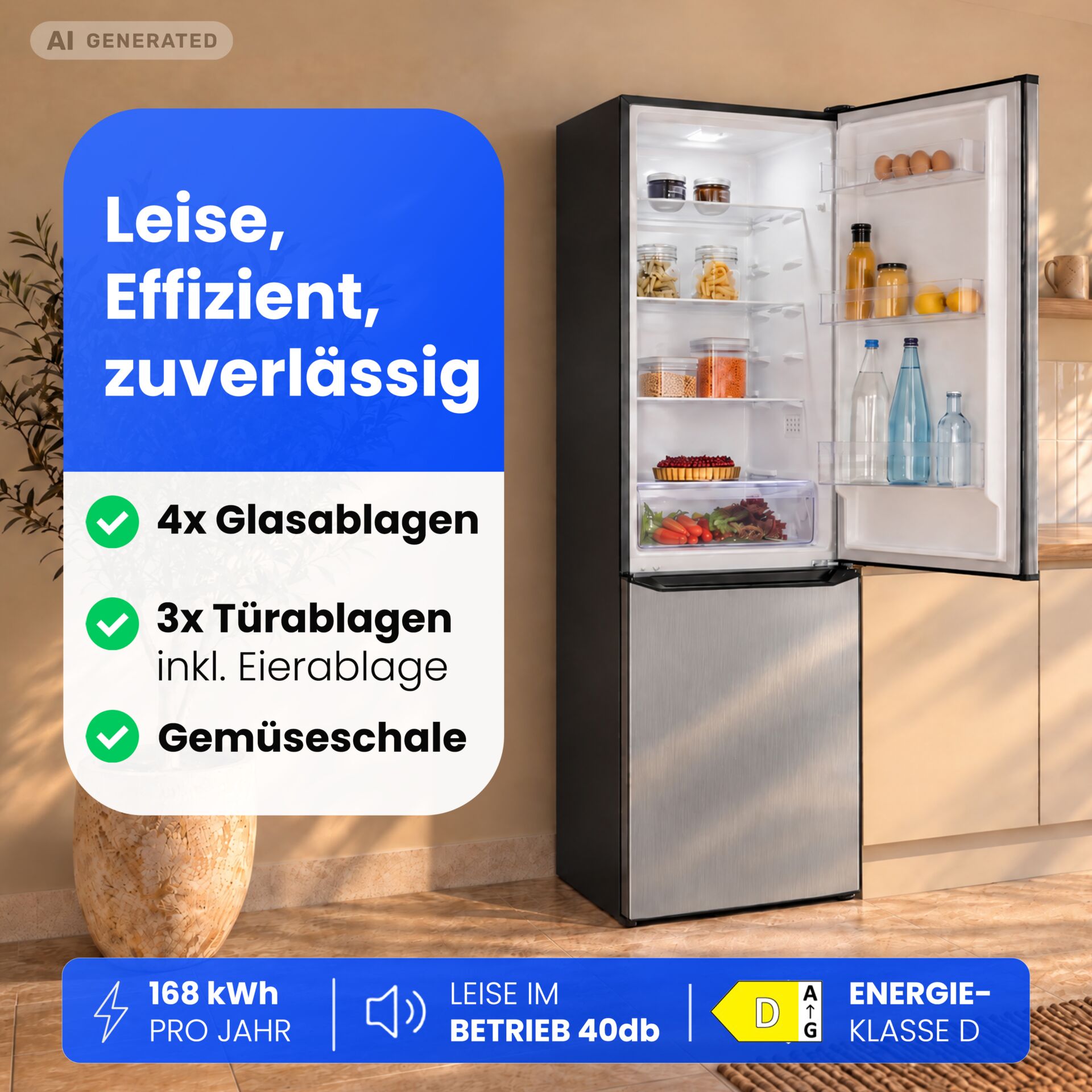Kühl-Gefrierkombination, Edelstahloptik, Zwei Türen, Glasablagen, Gemüseschublade