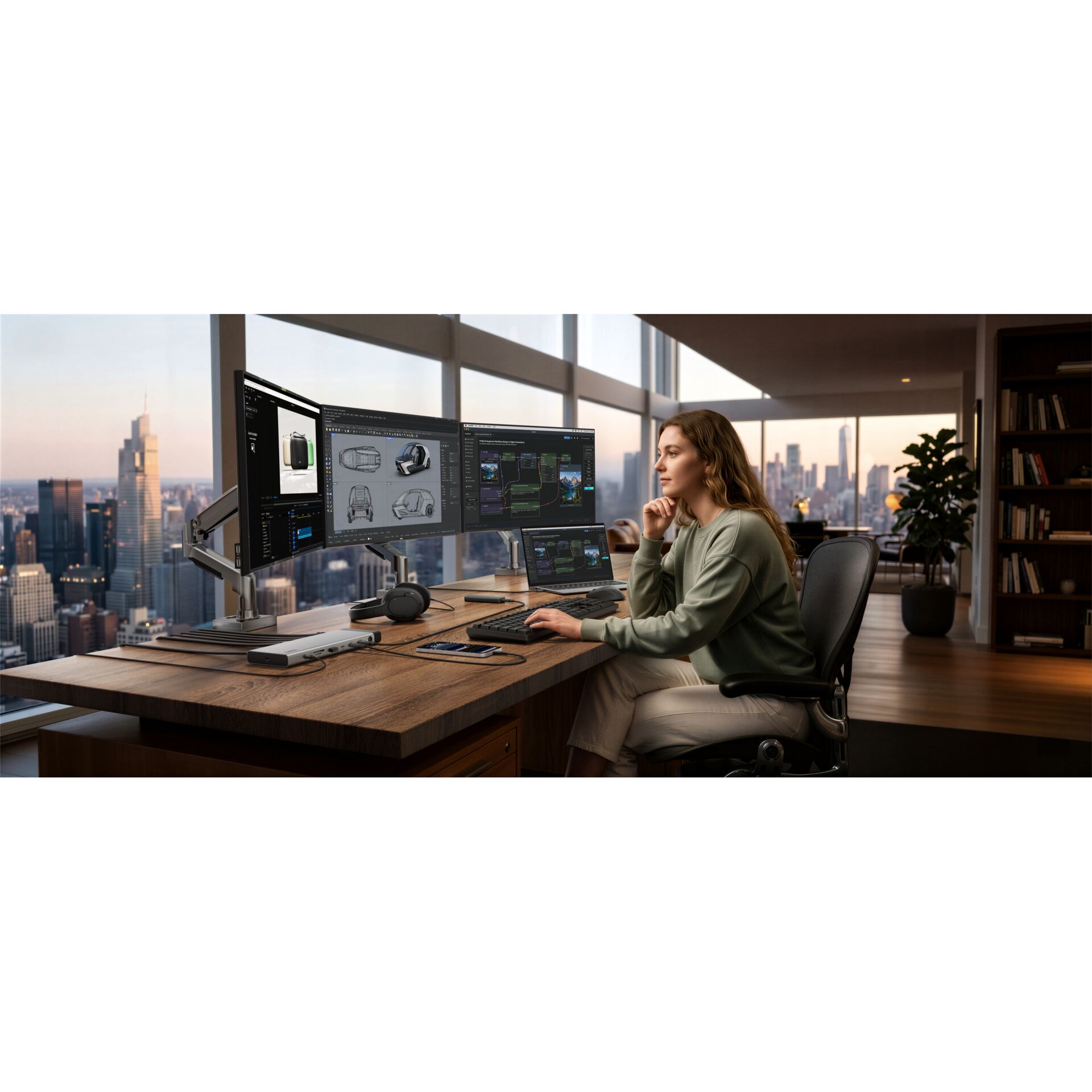 workspace, multimonitor, desk, computer, office