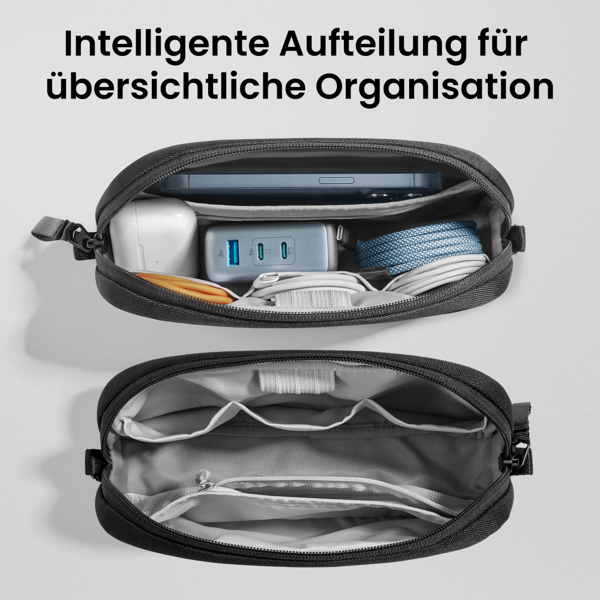 Kabelorganizer, Reisepack, Stofftasche, Kabel, USB-C Ladegerät