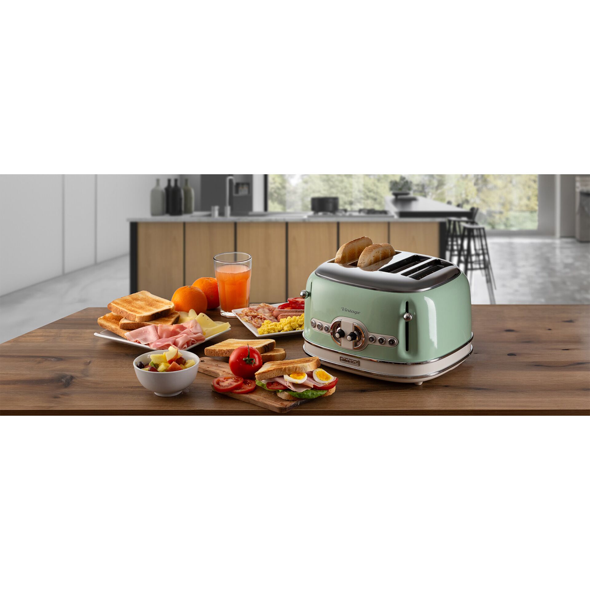 Toaster, Pastellgrün, Toaster mit Brot, Küchengerät, Frühstücksgerät