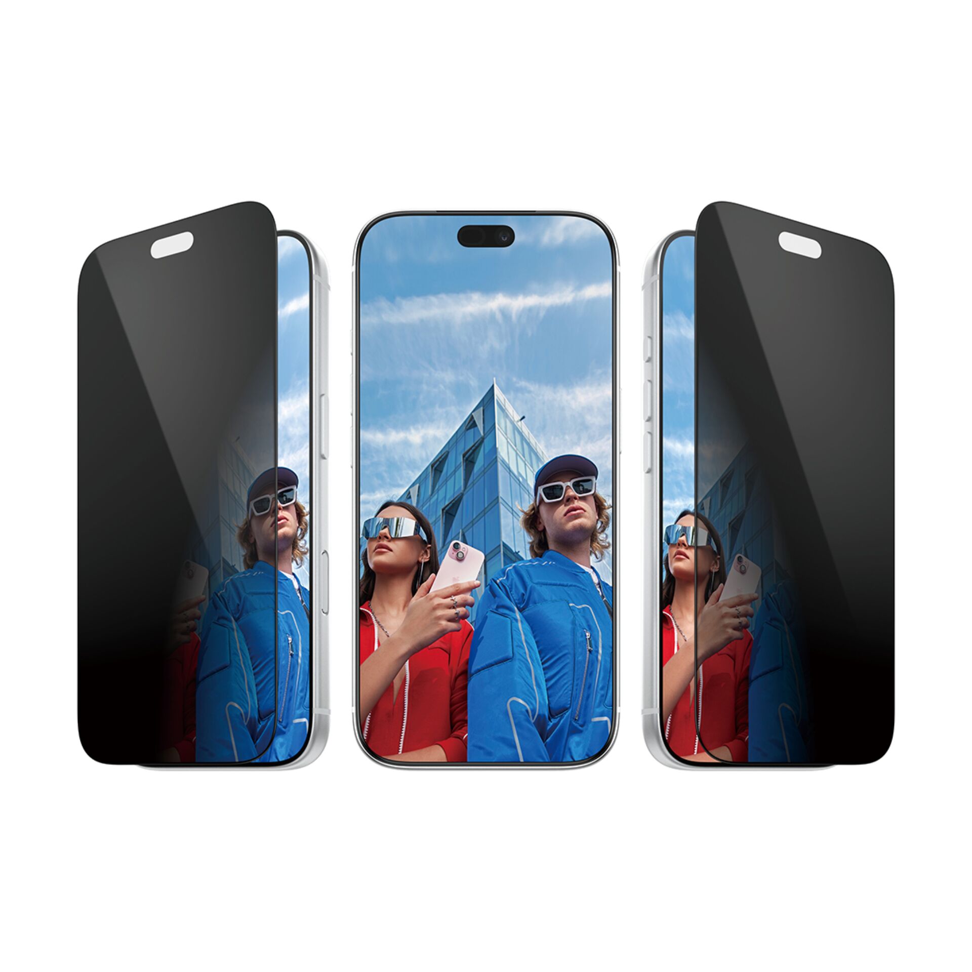 smartphone, notchless display, blue jacket, sunglasses, travel photo