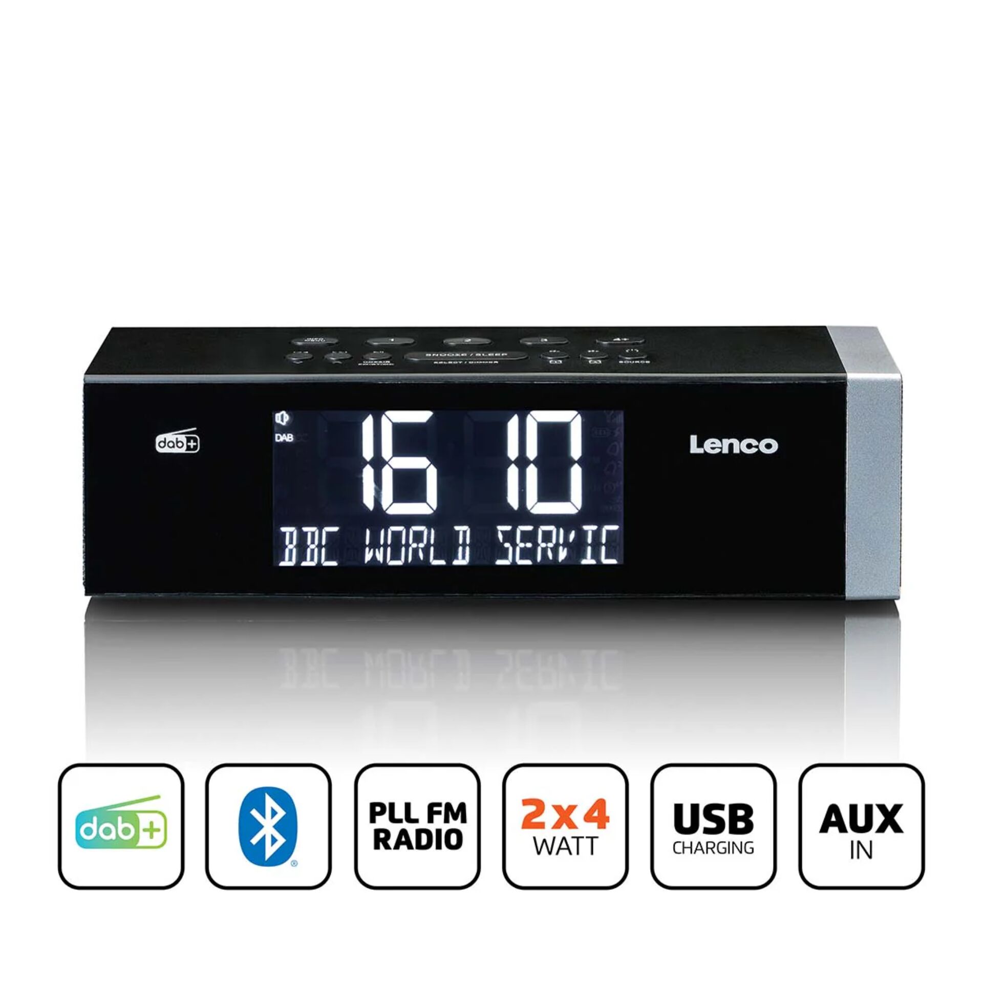 Digital clock, Table clock, Bluetooth, DAB+, USB charging