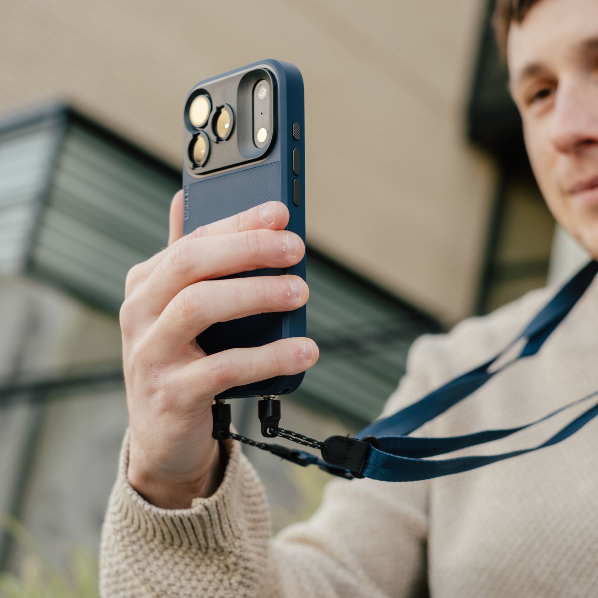 smartphone, Hülle, blau, Kamera, Lanyard