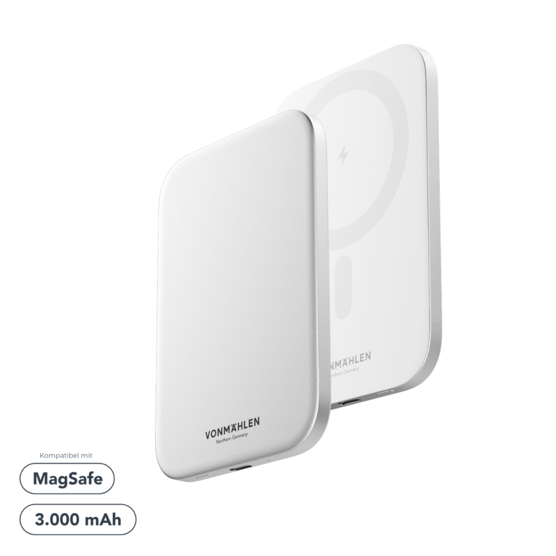 Qi Wireless Charger, MagSafe, Power Bank, Aluminium, Weiß