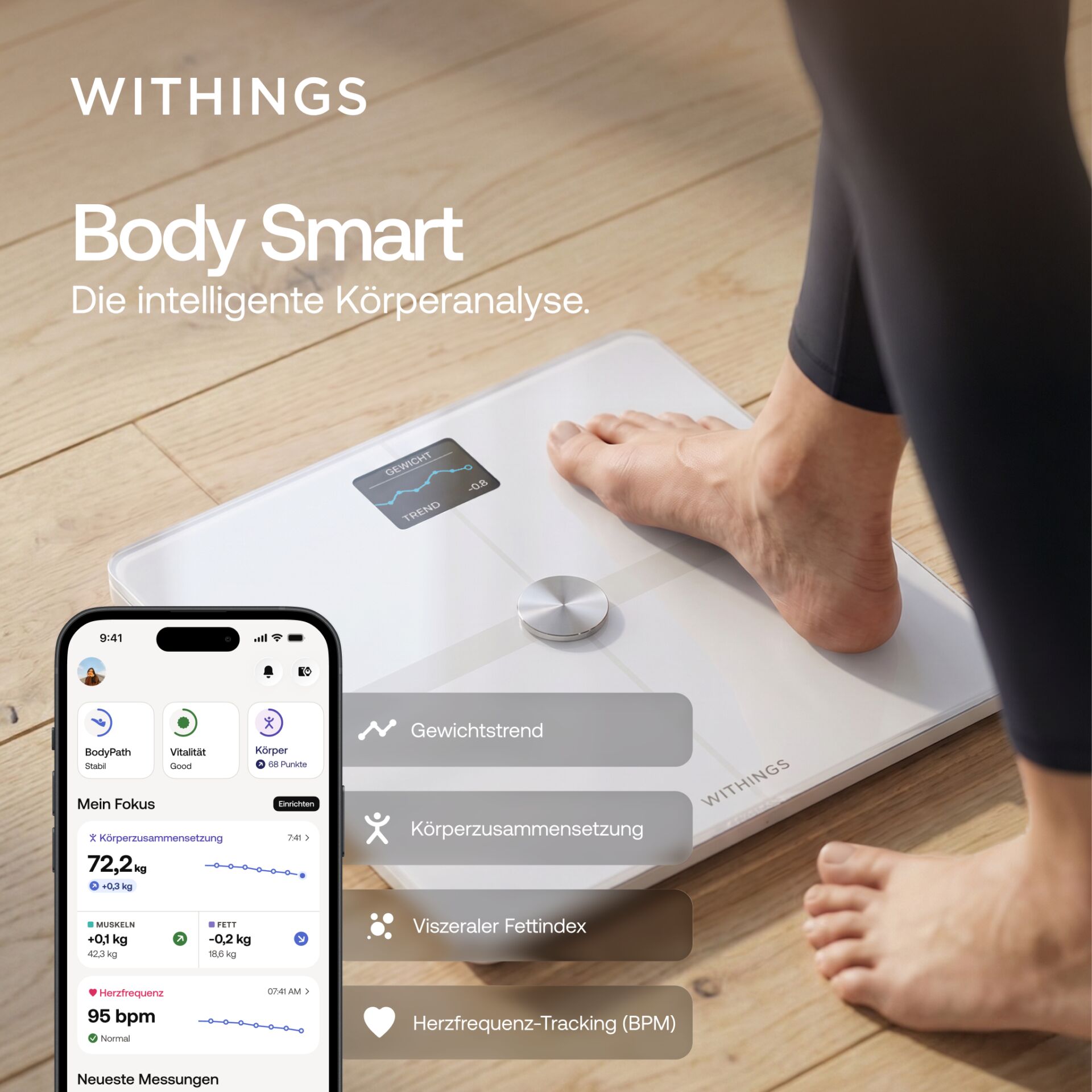 Elektronik, Handy, Telefon, Seite, Text, body scale, smart scale, glass surface, foot on scale, weight trend