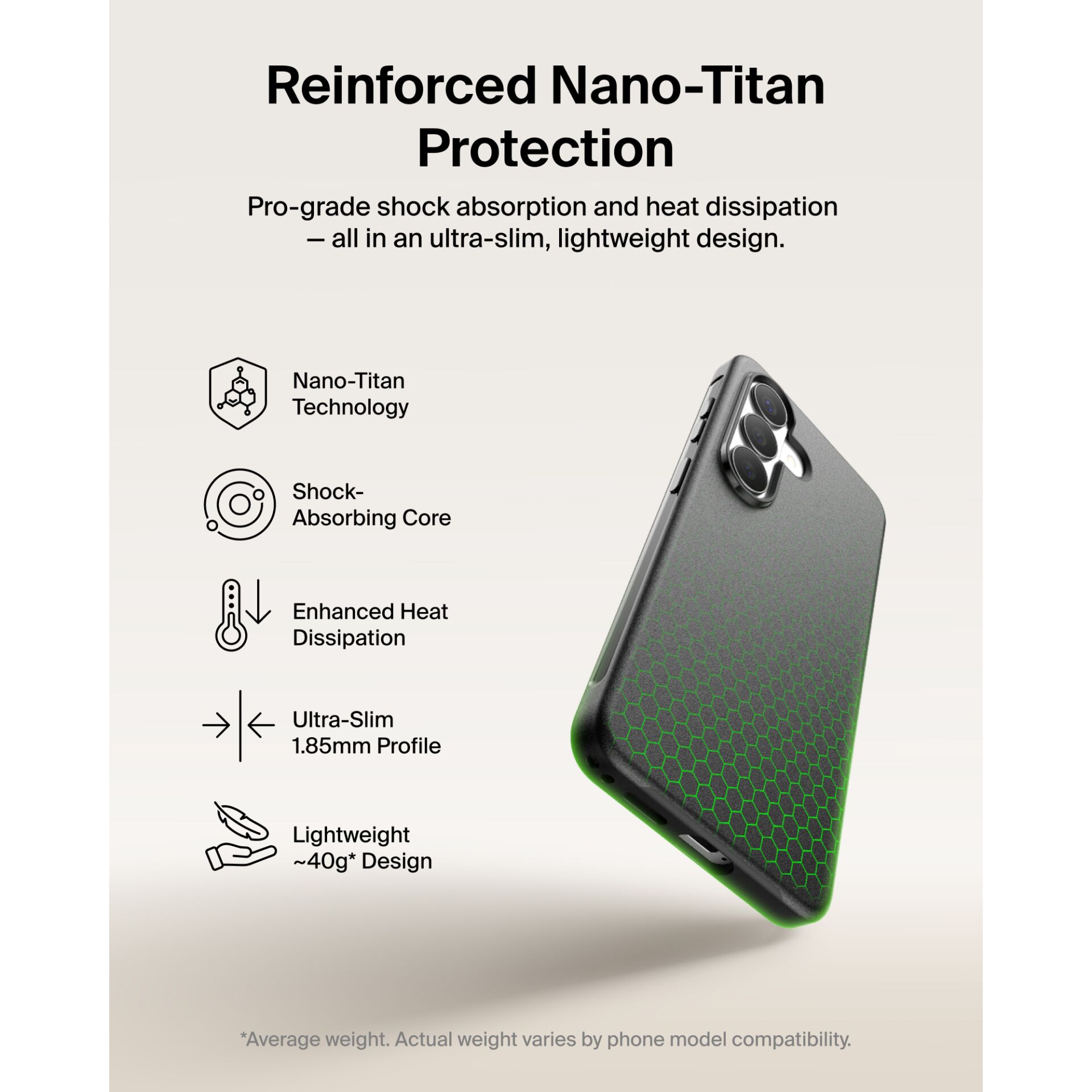 Nano-Titan Technology, Shock-Absorbing Core, Enhanced Heat Dissipation, Ultra-Slim Profile, Leichtgewichtetes Design