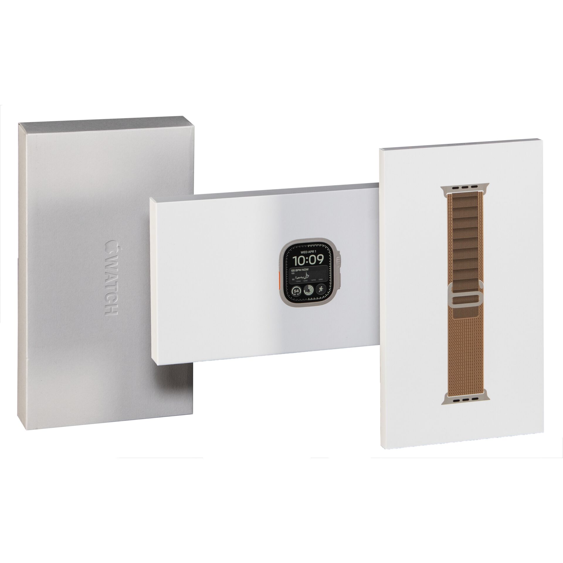 Apple Watch, Smartwatch, Metallbox, Braunes Armband, Uhrenband