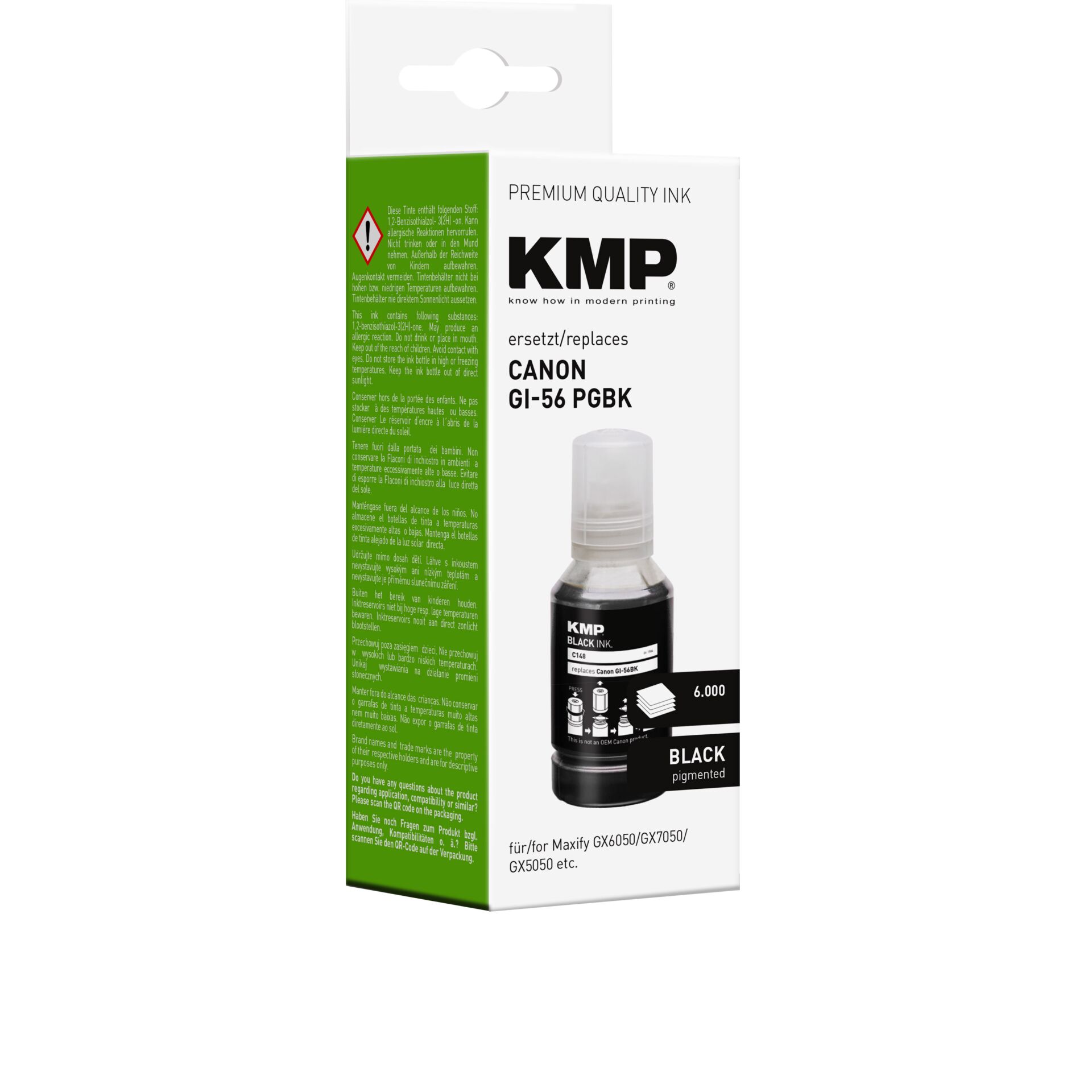 Flasche, QR Code, KMP Tintenerset, Canon GI-56, Pigmenttinte, Schwarz Tintenflasche, 6.000 Seiten