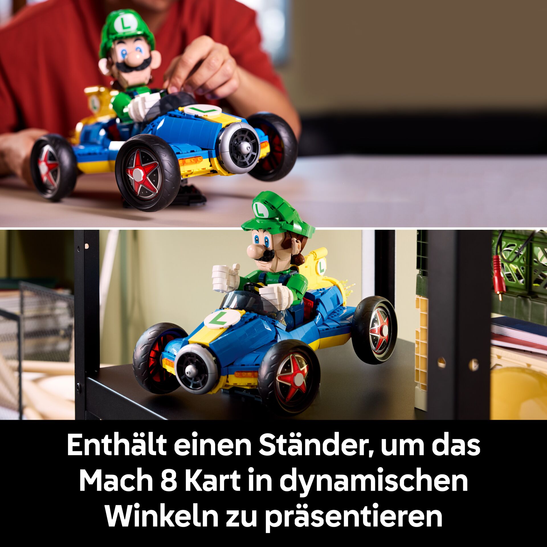 Spielzeugauto, LEGO-kompatibles Fahrzeug, Mario Kart, Blau-Gelb, Luigi