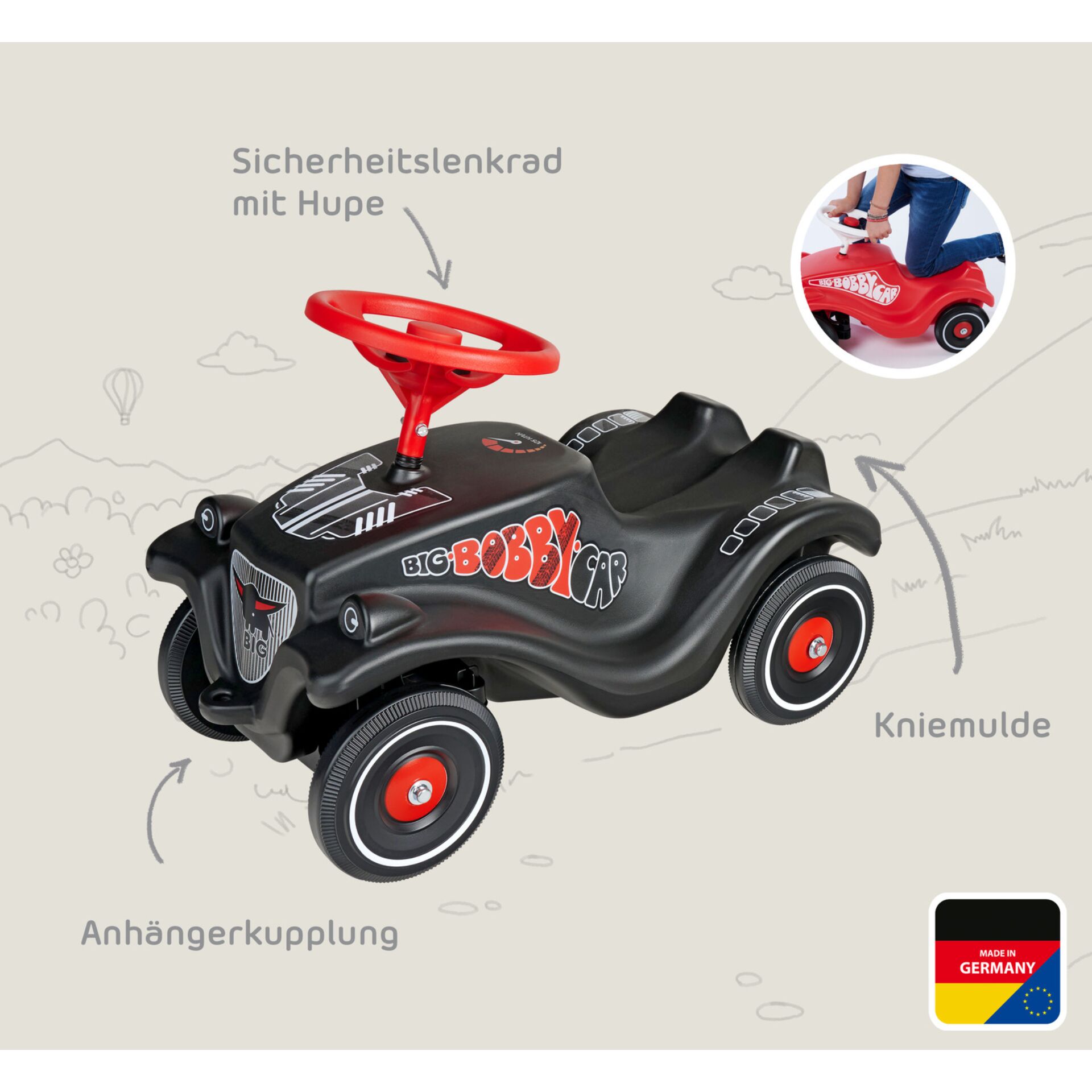 Kinderwagen, Rutschauto, Schwerpunkt Lenkrad, Kohlerot, Anhängerkupplung
