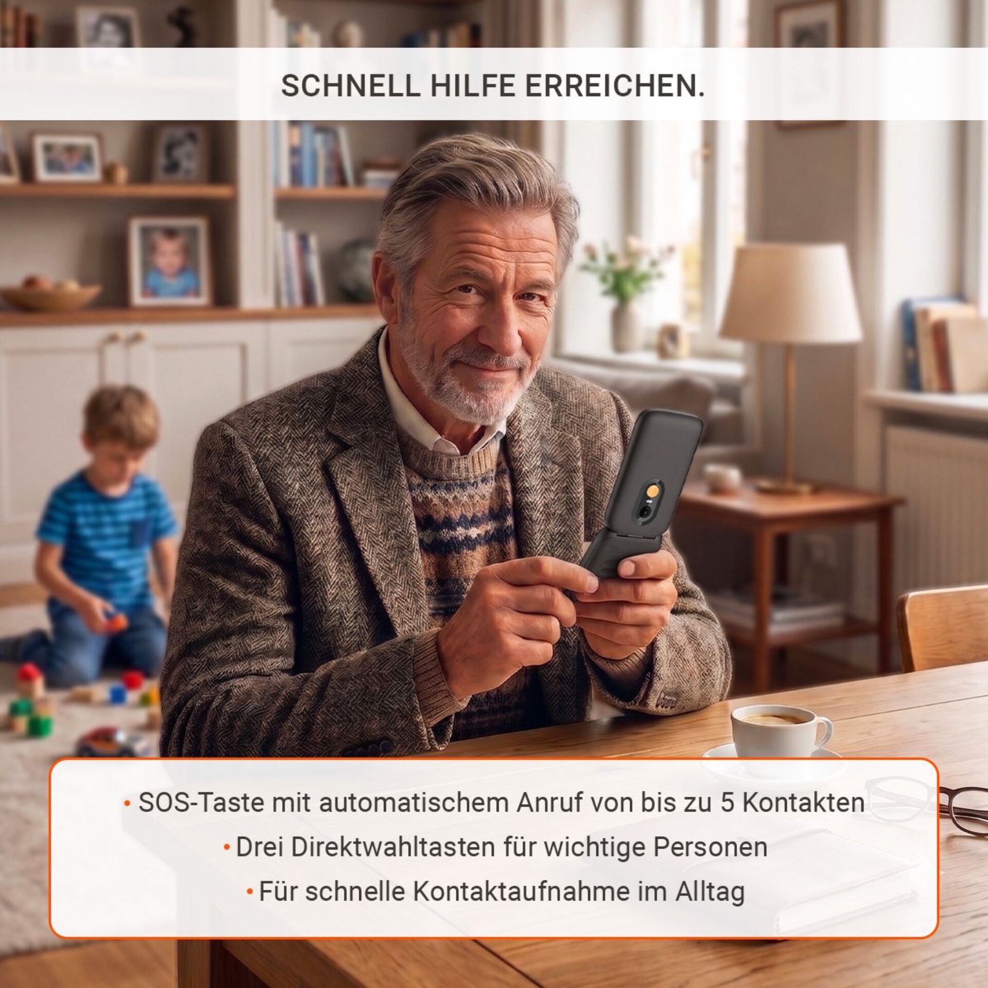 älterer Mann, Smartphone, Cardigan, Wohnzimmer, Kaffee