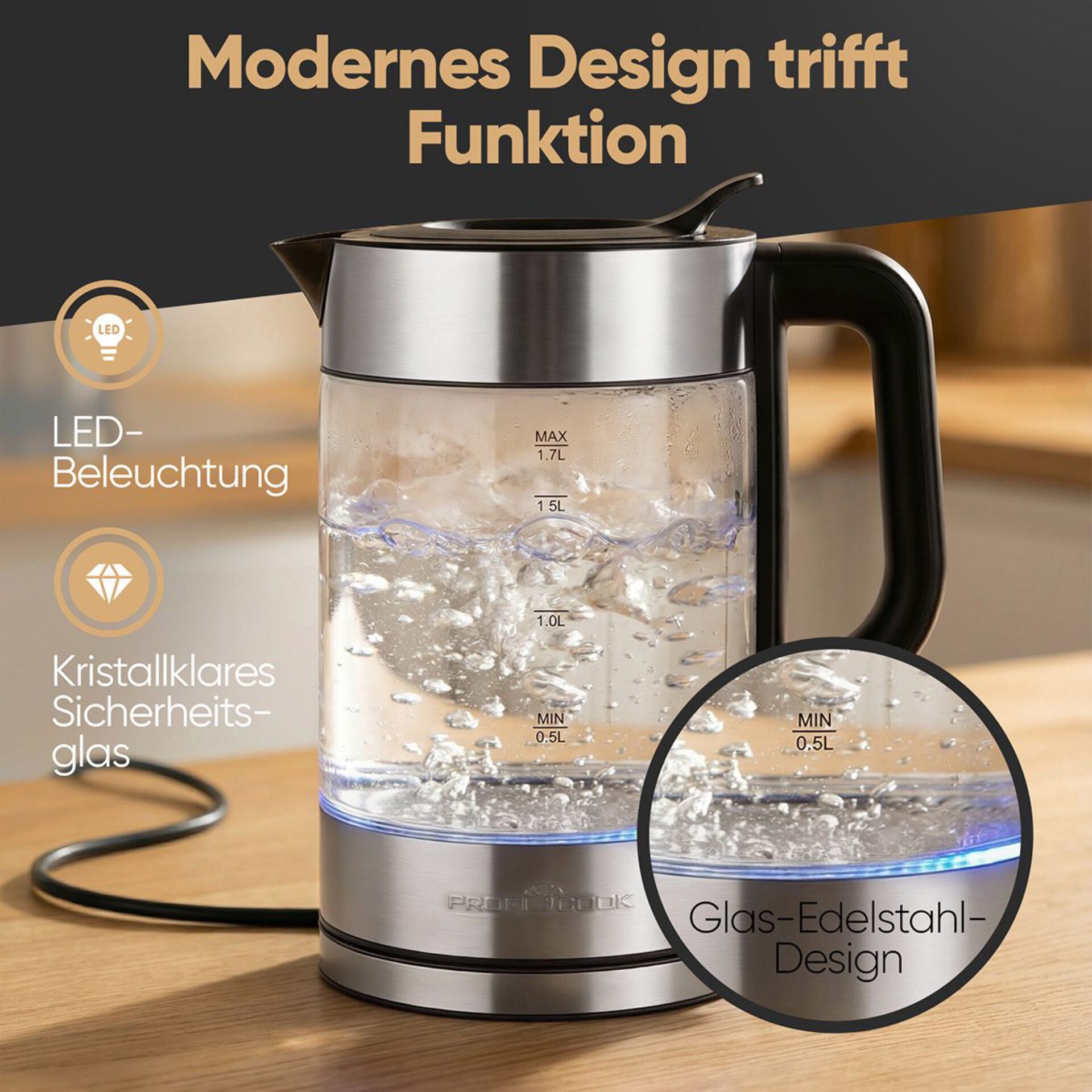 Kessel, Wasserkocher, Glasgehäuse, LED-Beleuchtung, Edelstahlbasis