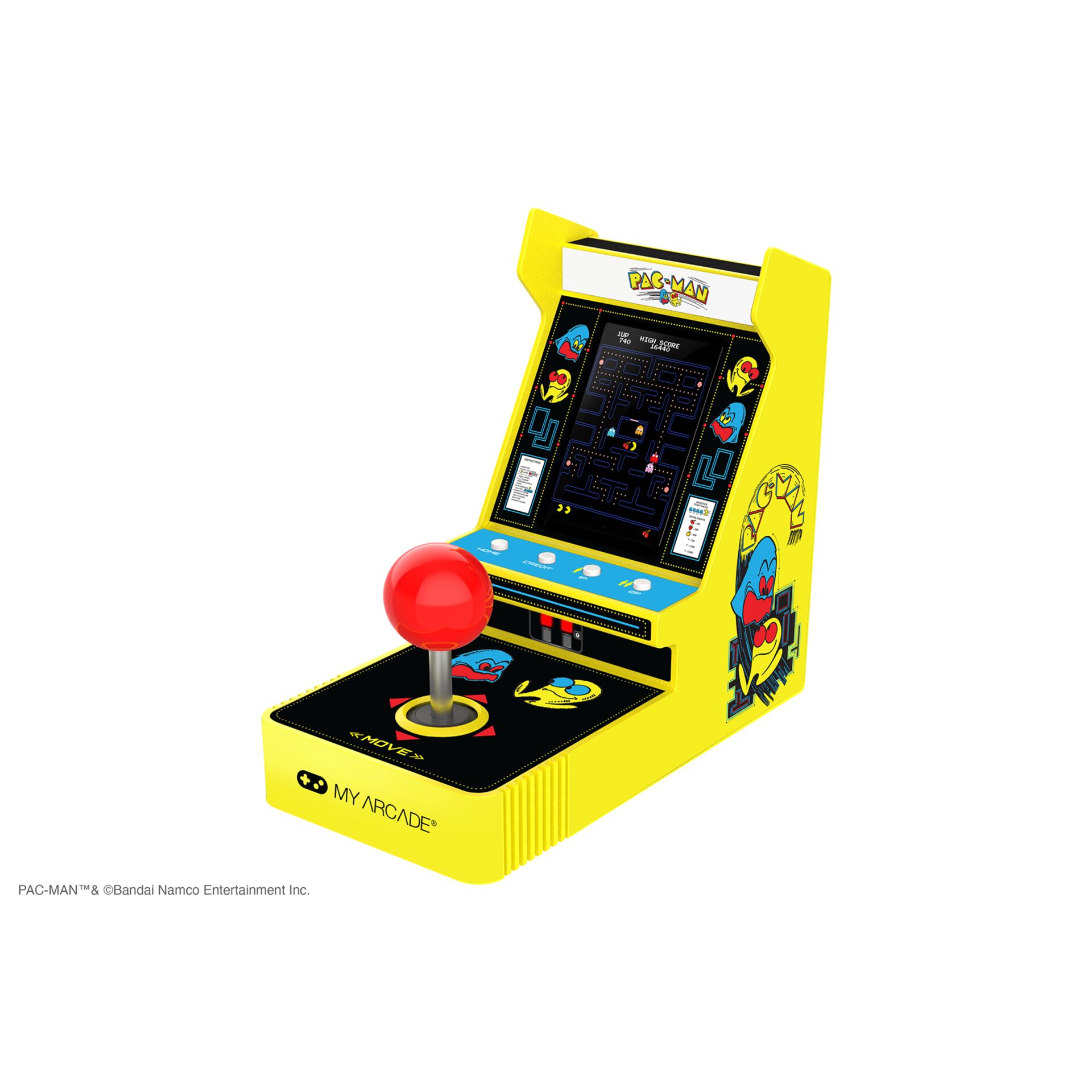 Arcade-Kabinet, Pac-Man, gelbes Gehäuse, Joystick, Arcade-Spiel