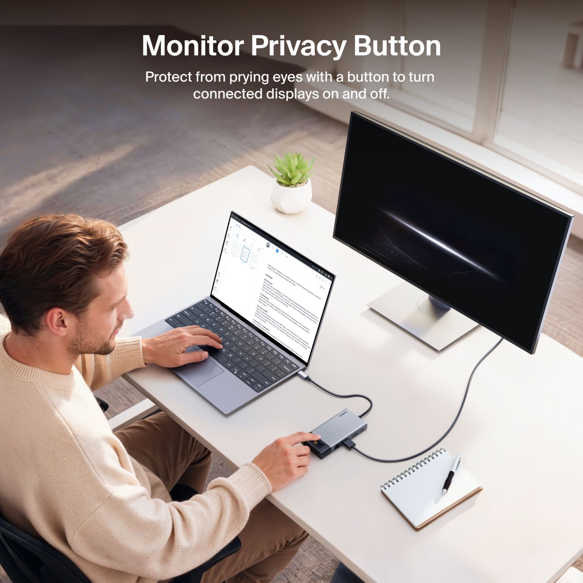 monitor, privacy button, monitor stand, laptop, desk setup
