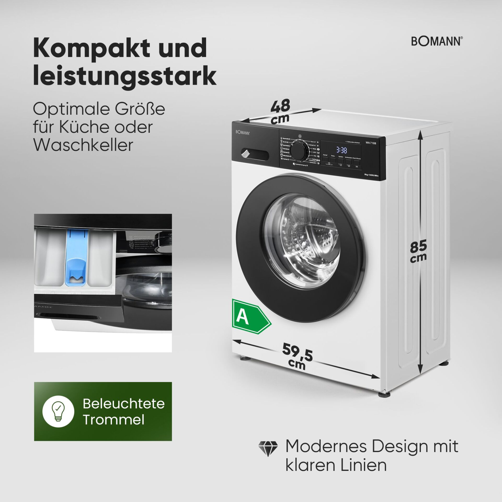 Waschmaschine, Frontlader, A-Energieeffizienz, Kompaktes Design, Trommel
