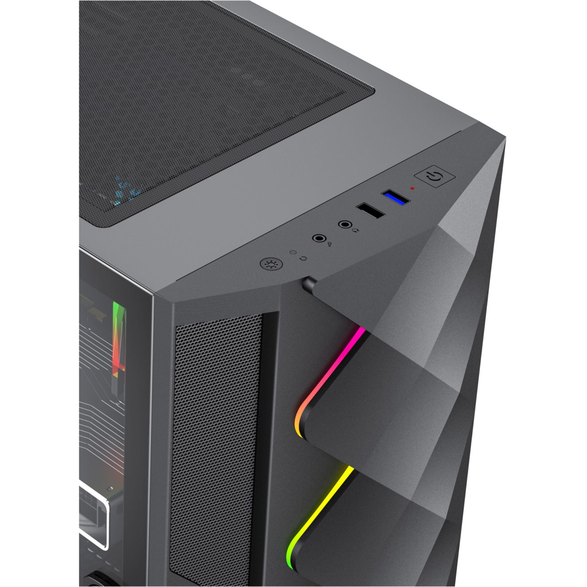 Gaming-PC, Turmgehäuse, RGB-Beleuchtung, USB-Anschlüsse, Netzschalter