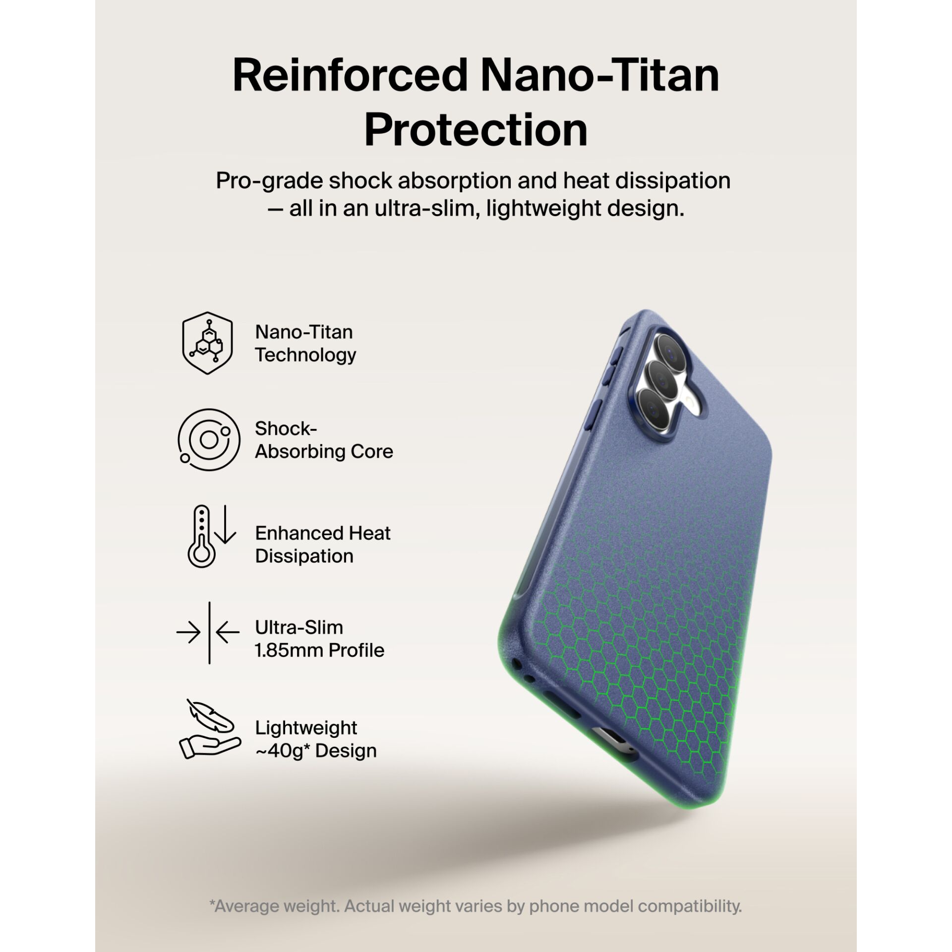 Nano-Titan technologie, Stoßdämpfender Kern, Wärmeableitung, Ultra-schlanke Profil, Leichtes Design