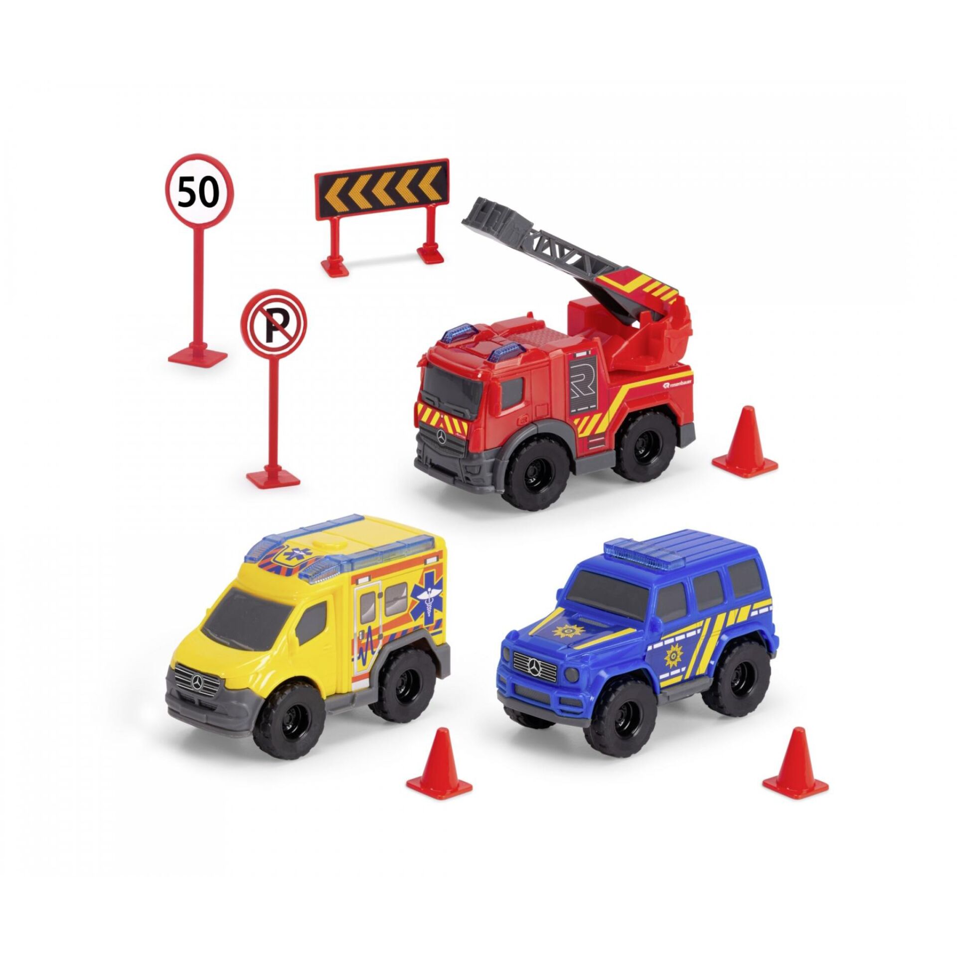 Spielzeugset, Rettungsfahrzeuge, Feuerwehrwagen, Ambulanz, Geländewagen
