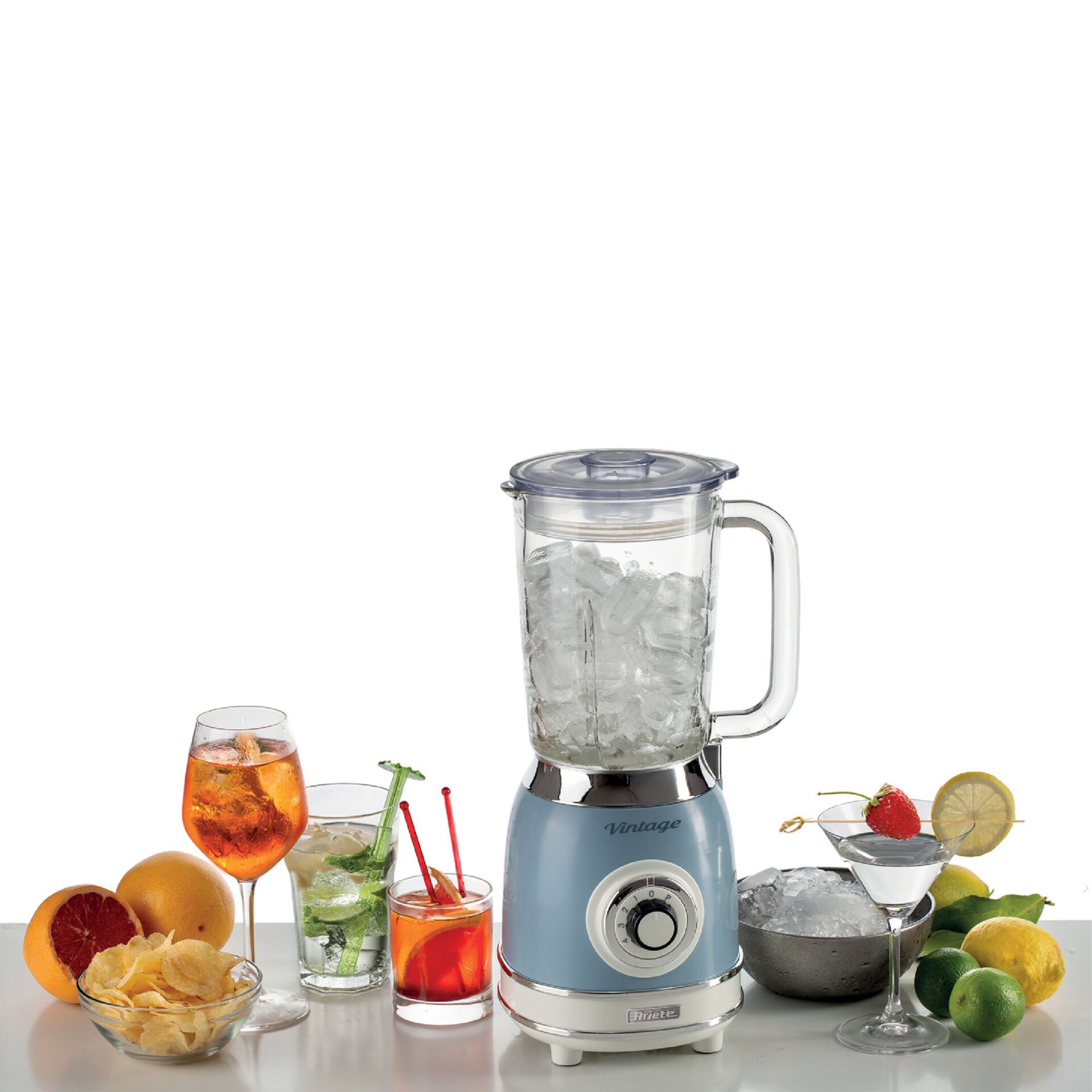Blender, Küchenmaschine, Glasbehälter, Plastikdeckel, Metallbasis