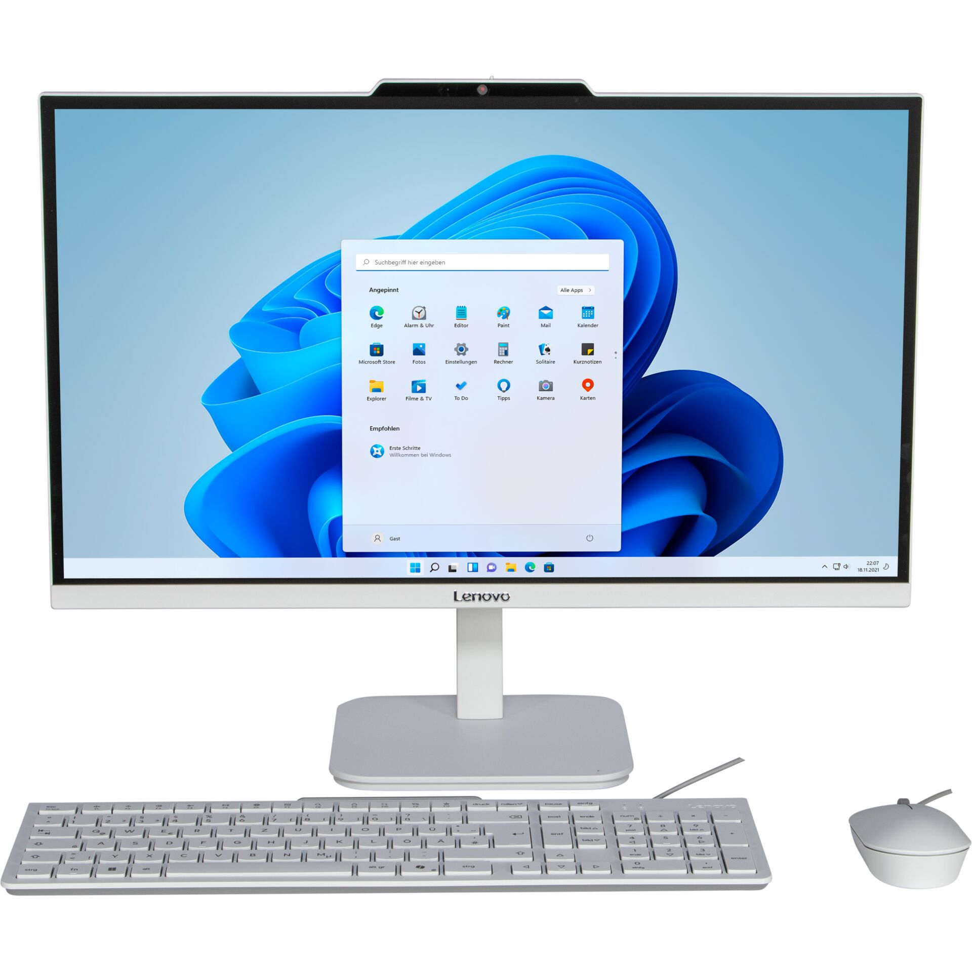 Monitor, All-in-One Stand, LED display, Silver bezel, HD display, All-in-One-PC, Lenovo, Windows 11, Tastatur und Maus, Silber