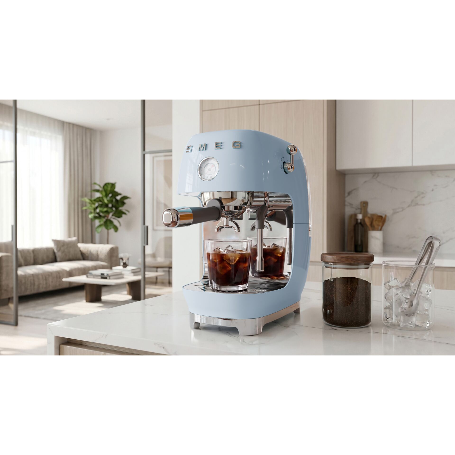 Espressomaschine, Siebträgermaschine, Kaffeemaschine, Pastellblau, Tassen-Setup