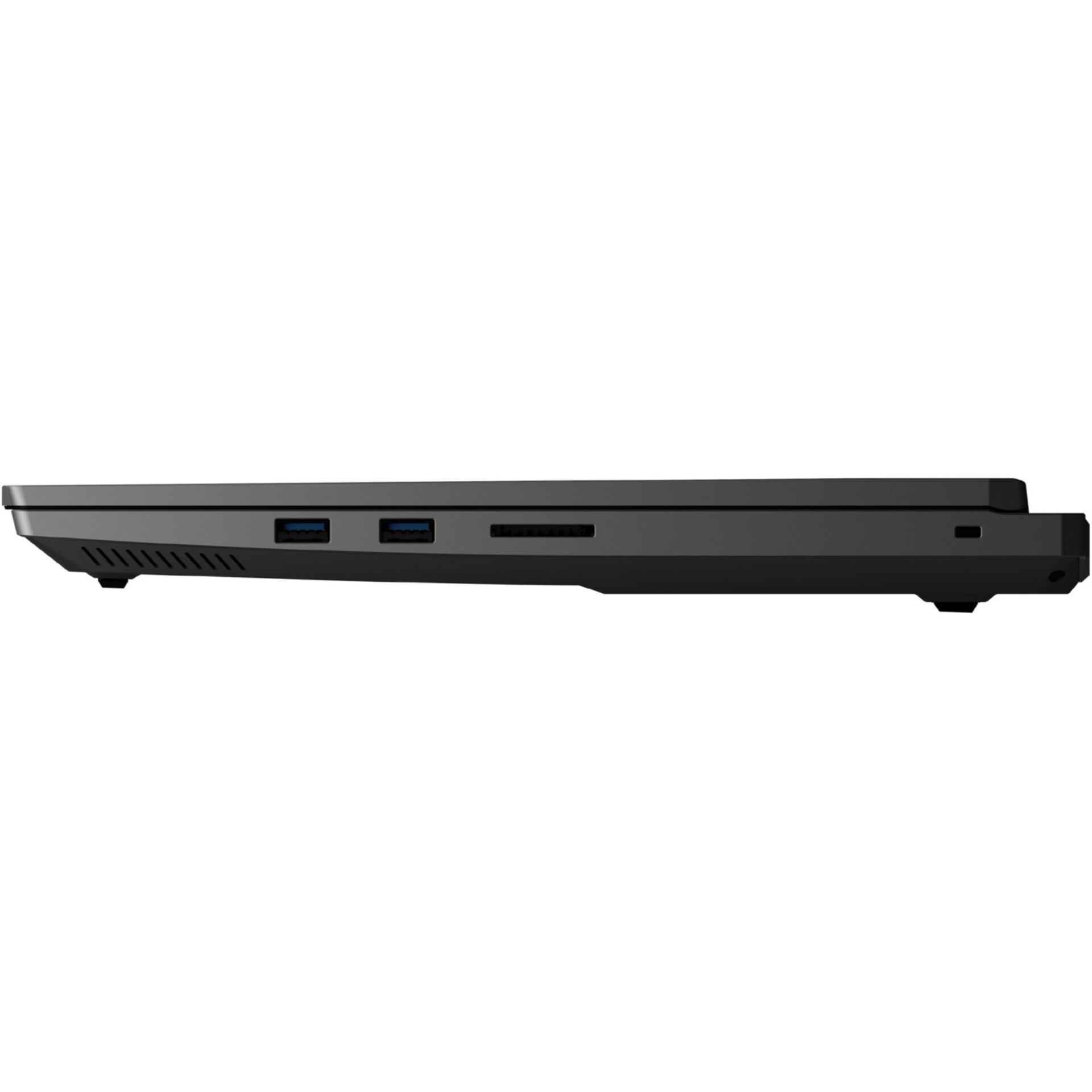 Laptop, schwarzes Gehäuse, USB-Anschlüsse, Lüftungsschlitze