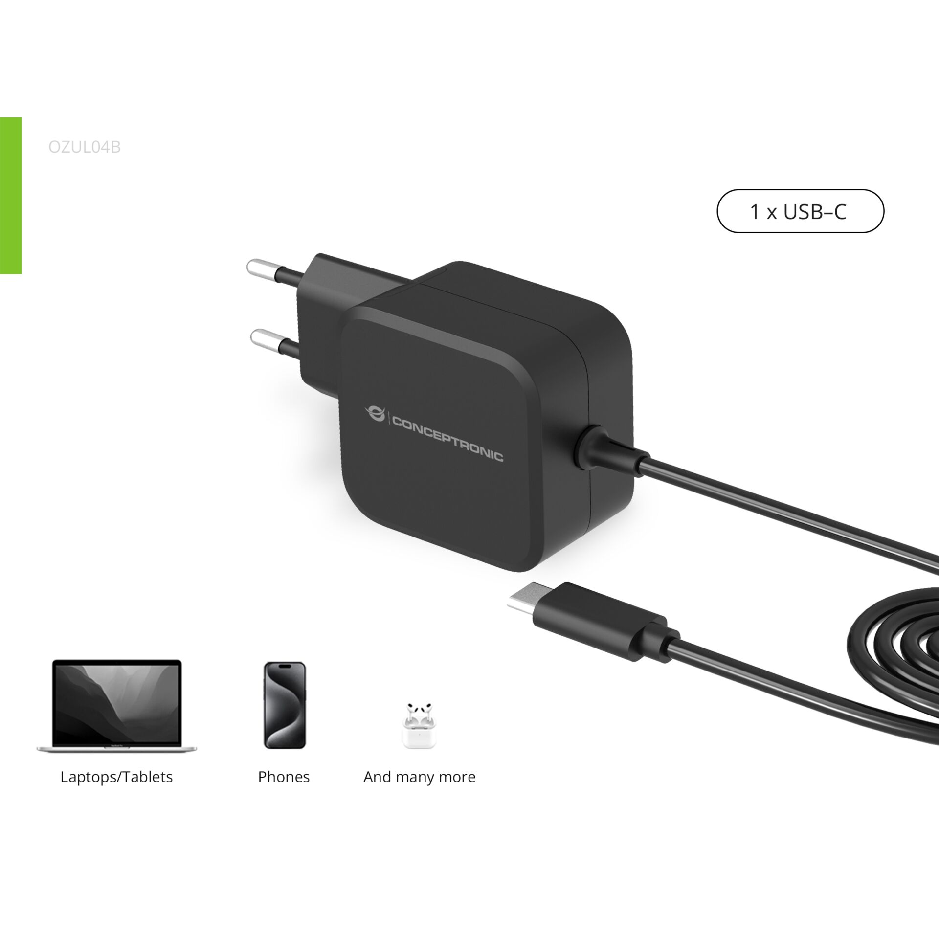USB-C Ladegerät, Wandstecker, Kompakter Adapter, Kabel inklusive, Conceptronic