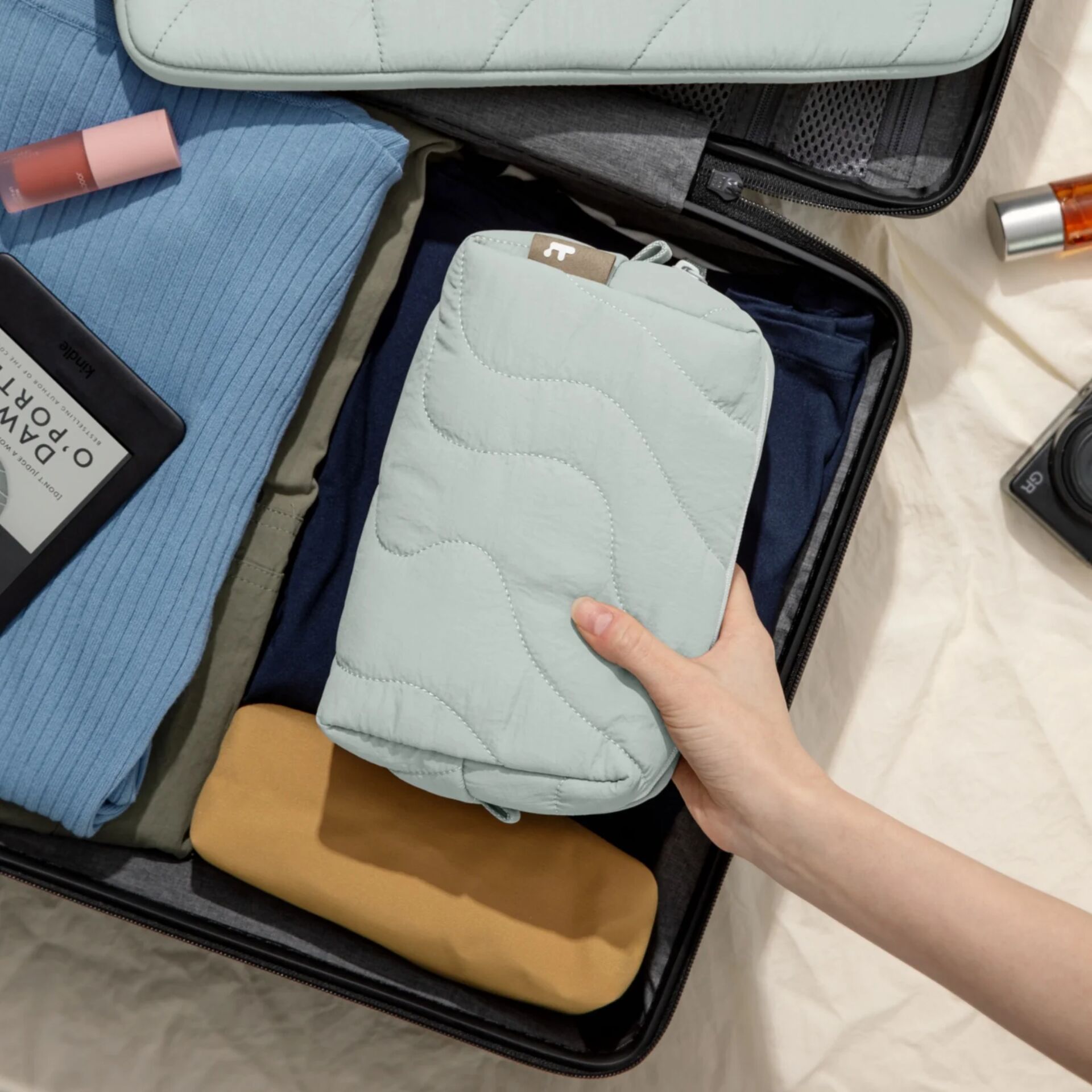 handtasche, tasche, gequiltet, hellblau, reise, organizer