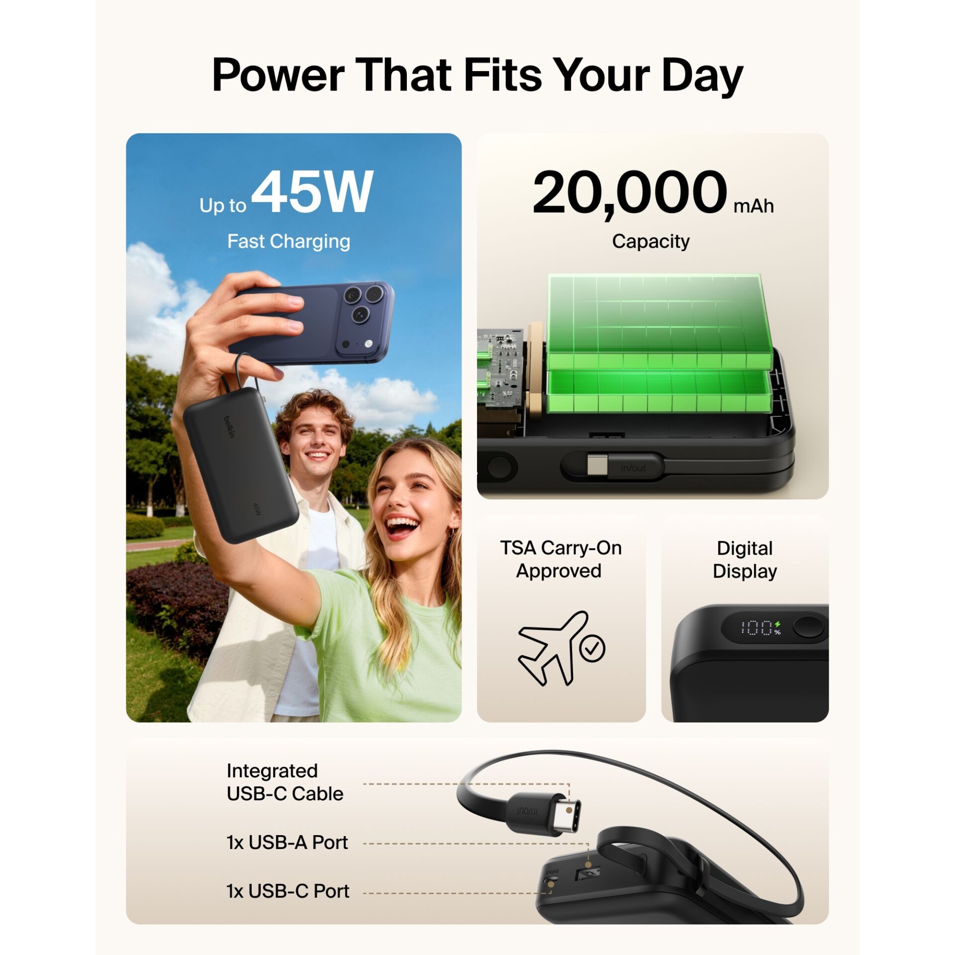 Powerbank, Schnellladung, USB-C, 20.000 mAh, Digitalanzeige