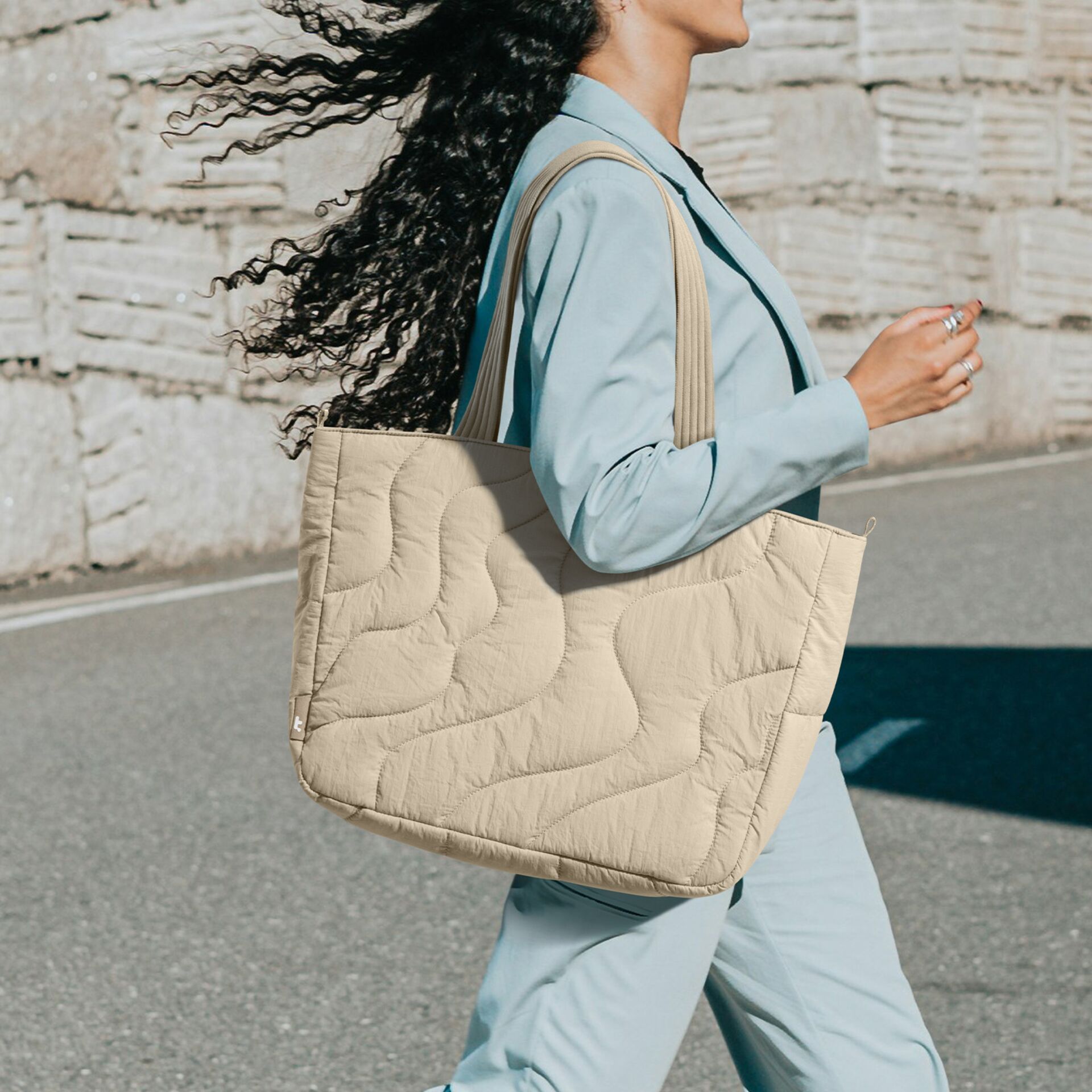 Tote-Tasche, gesteppt, beige, Canvas, Schultertasche