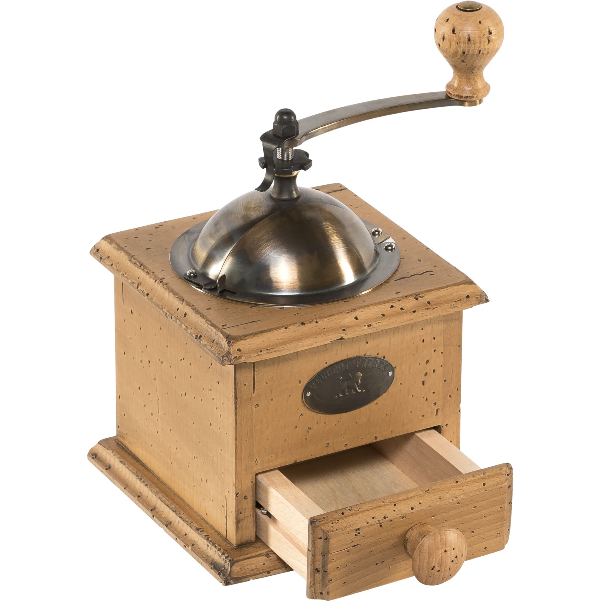 Handmühle, manueller Grinder, Holzschrank, Metallgriff, Schublade
