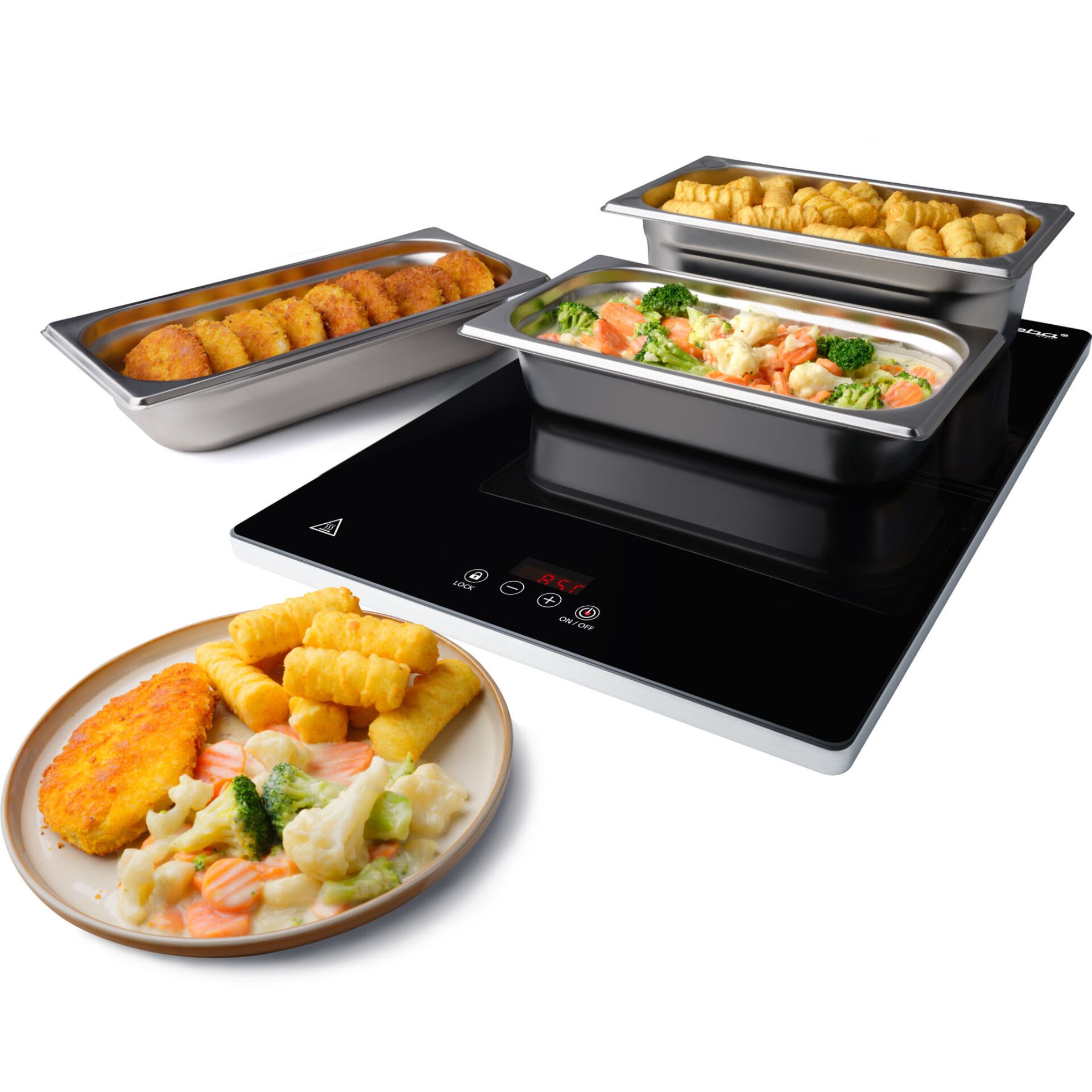 induction hob, steamer tray, stainless steel tray, food warmer, plate with meal