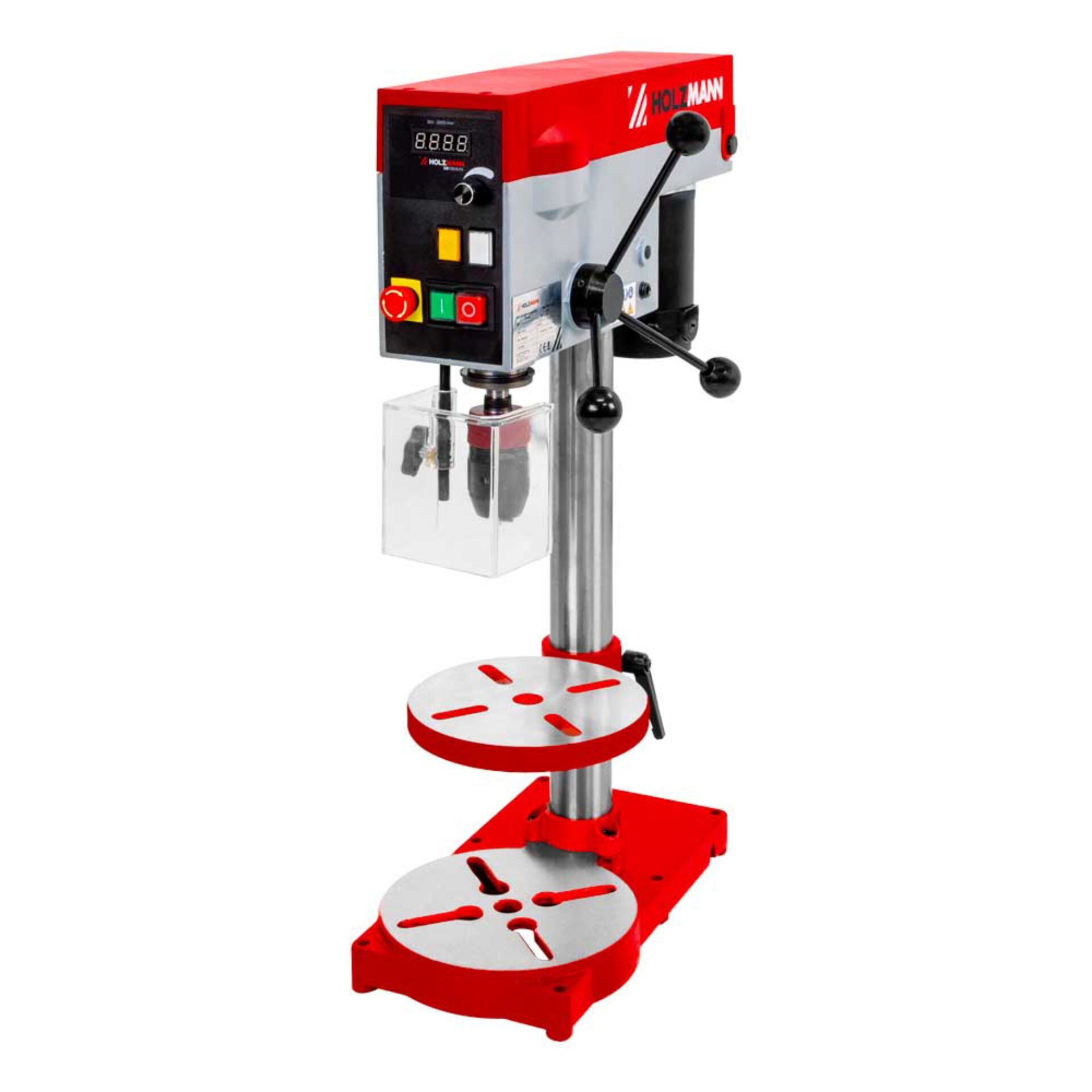 Säulenbohrmaschine, Metallgehäuse, Rot-Silber, Digitalanzeige, Bohrtisch