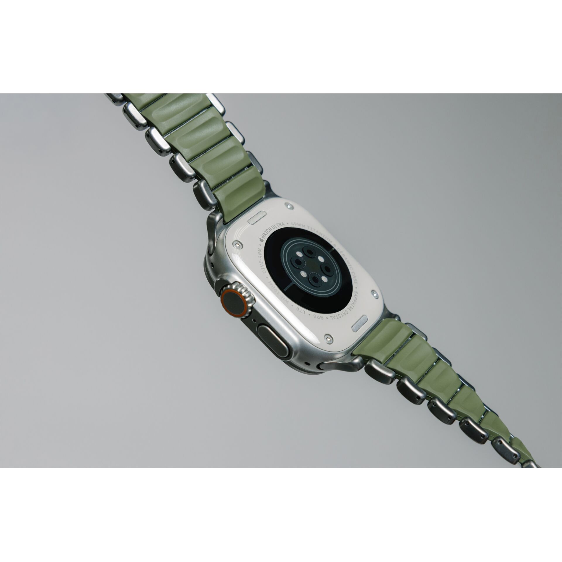 Uhr, Smartwatch, Stahl, grüner Band, Rückseite