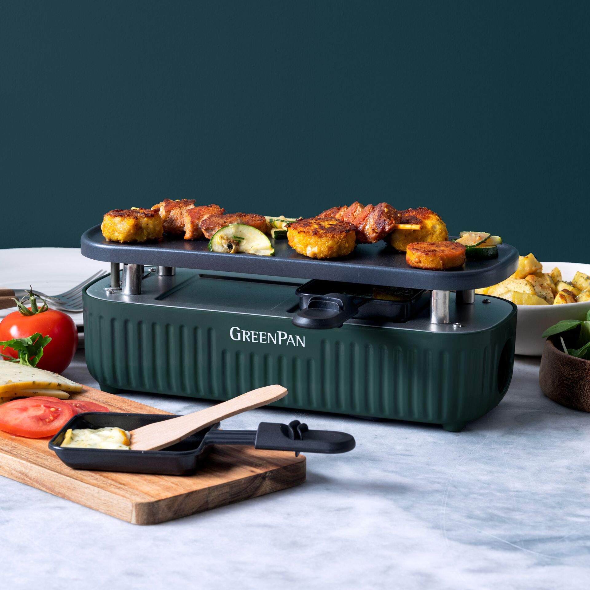 Raclette-Grill, Tischgrill, Grün, geriffertes Gehäuse, Grillplatte