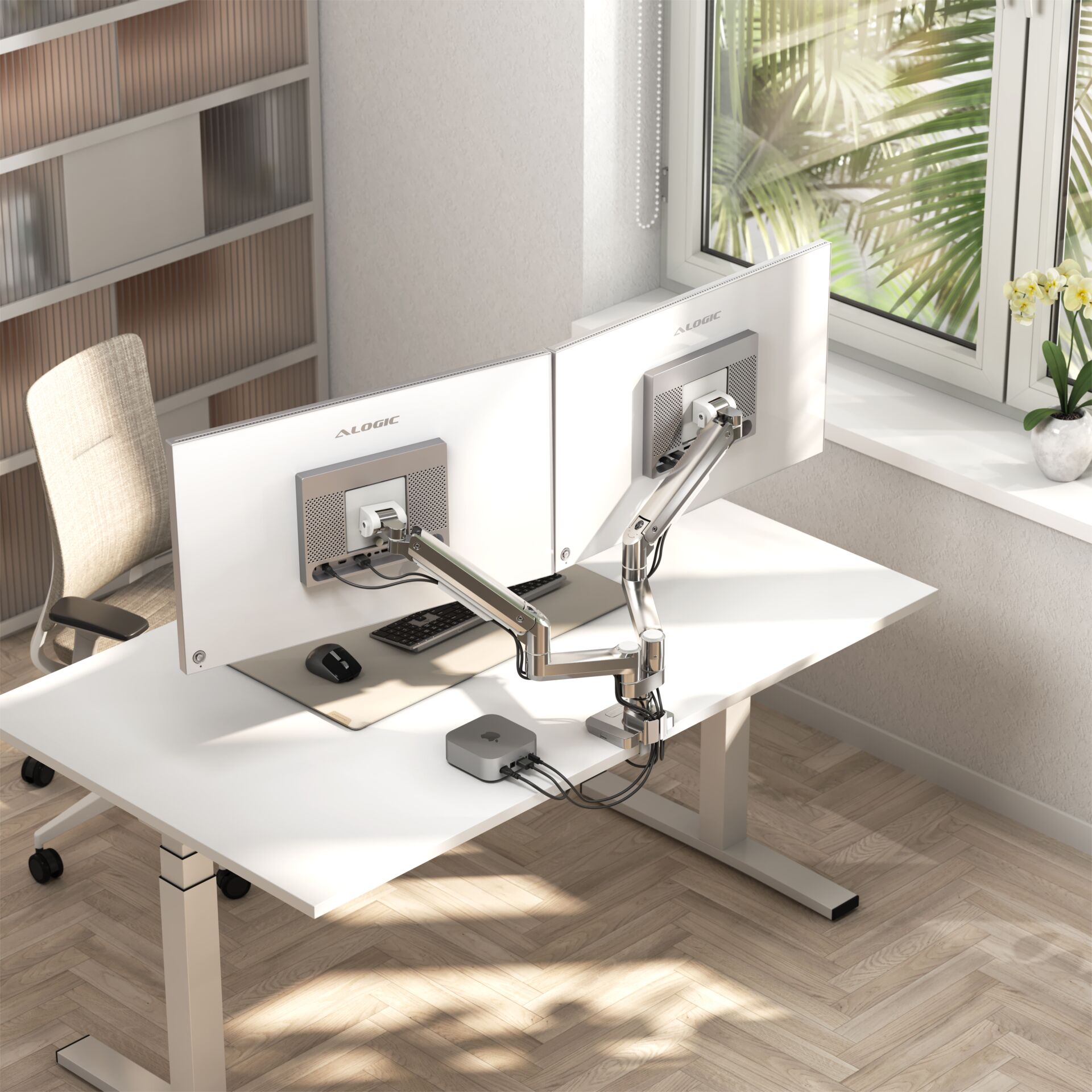 monitor arm, ergonomischer Schreibtischaufbau, dual Monitor, weißer Schreibtisch, Büroarbeitsplatz