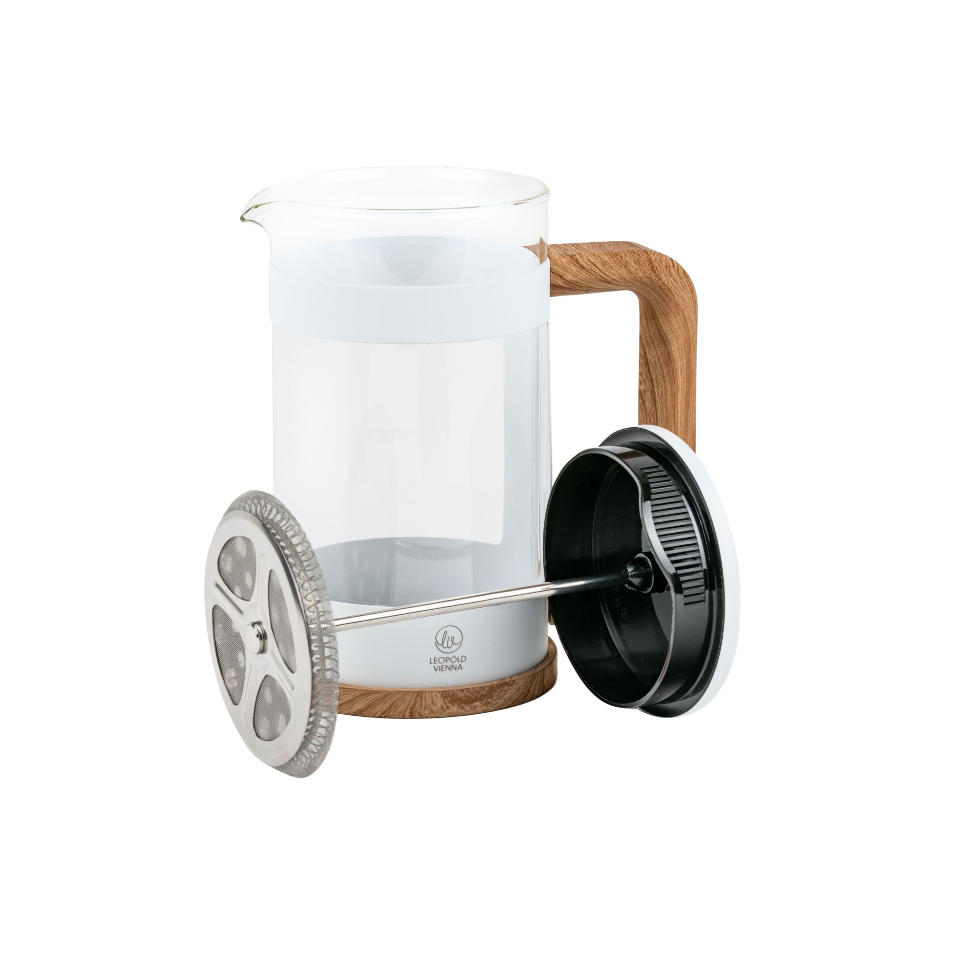 French-press, Glass carafe, Wooden handle, Stainless steel plunger, Filter disc