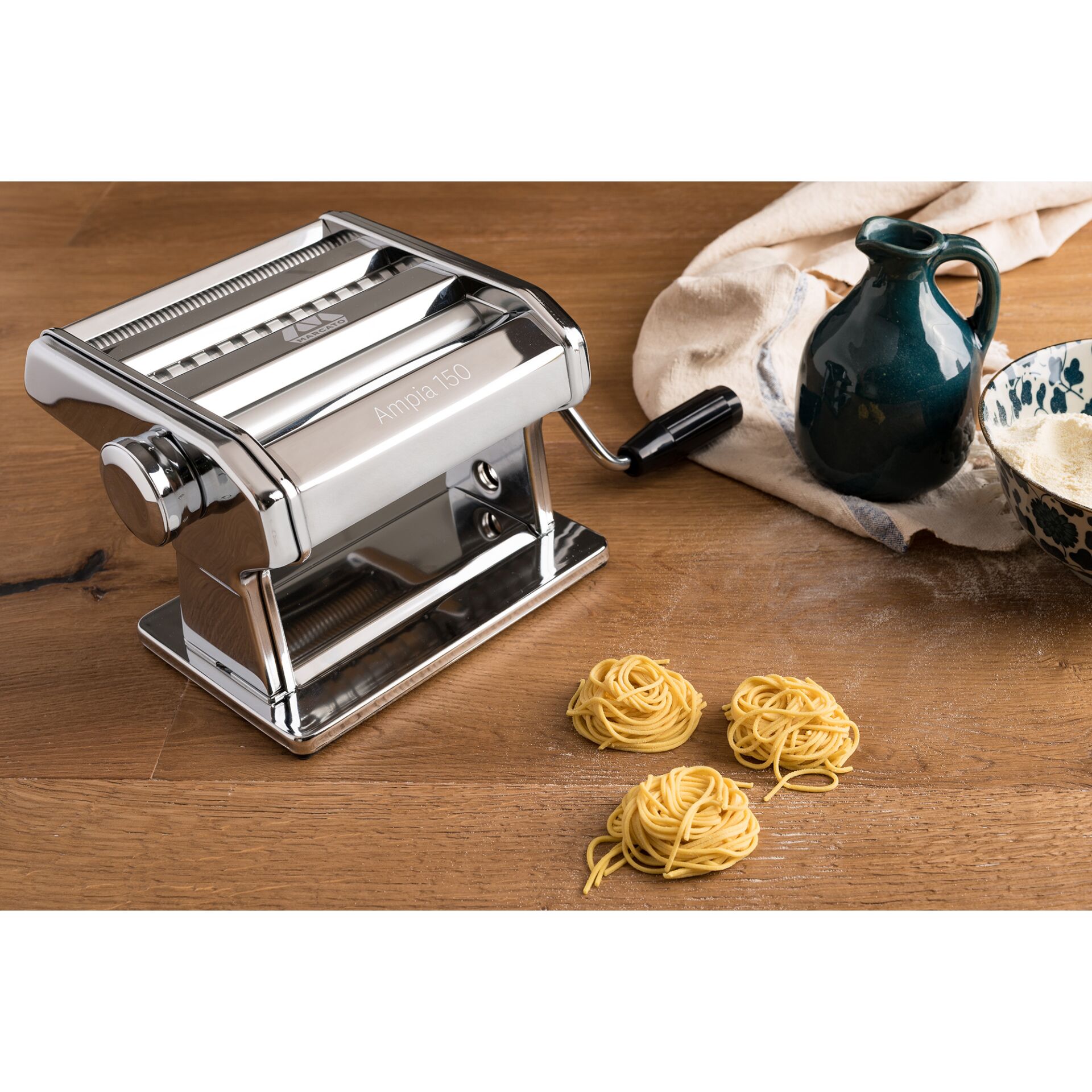 pasta maker, al dente, manual crank, stainless steel, spaghetti nests