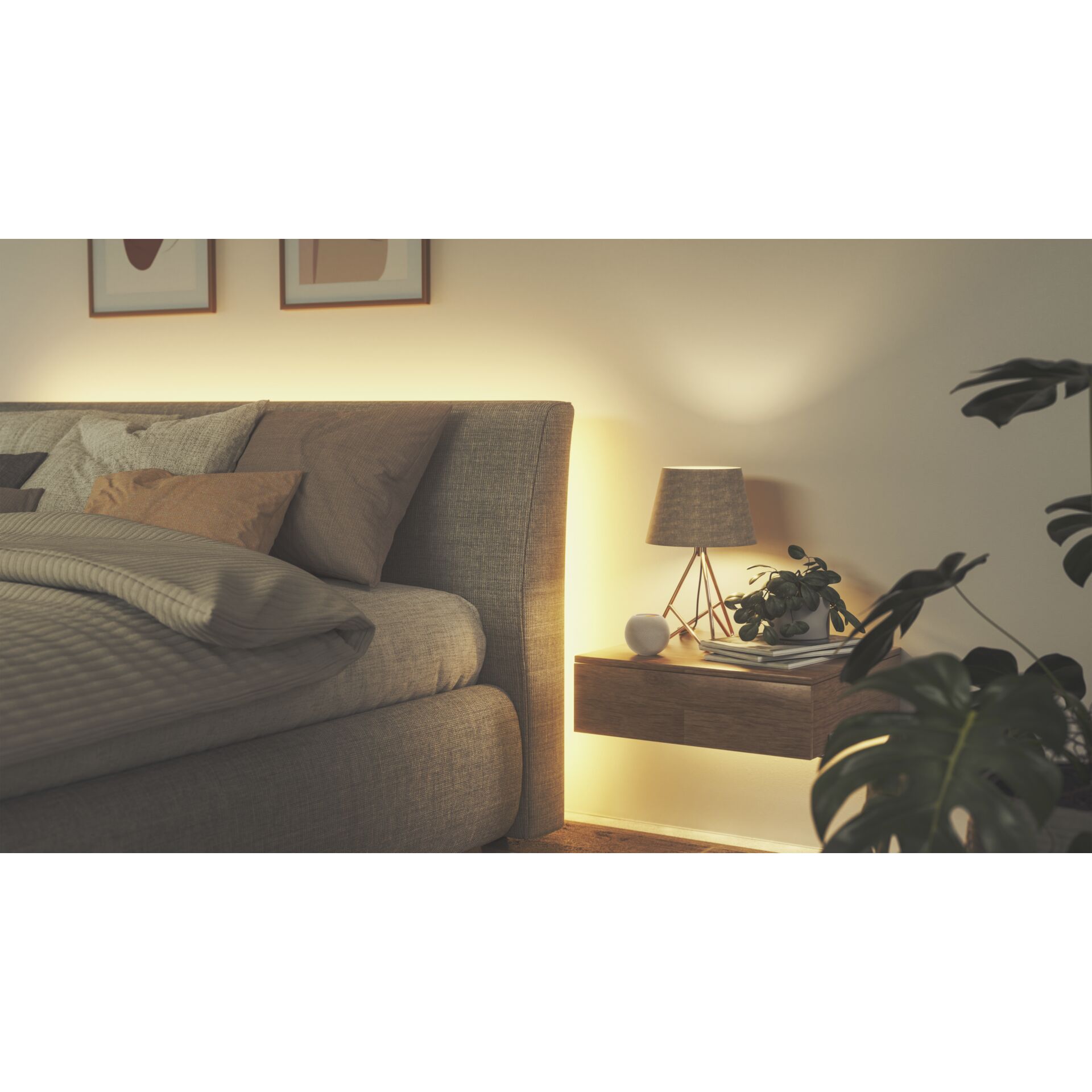 bett, bettkopfteil, nachttisch, tischlampe, pflanze