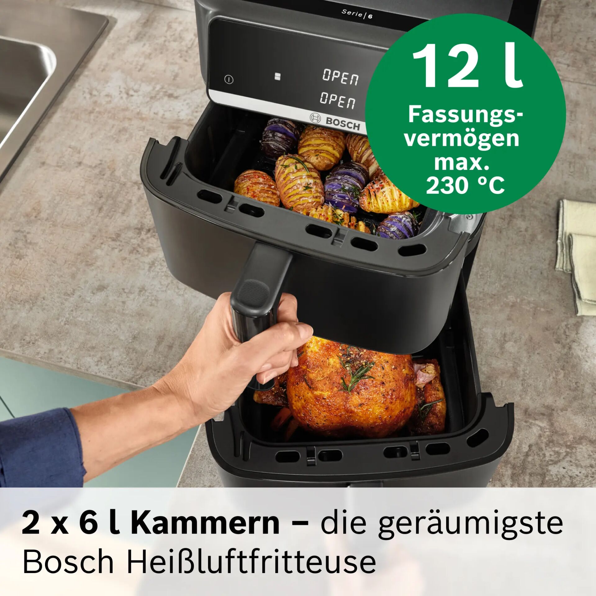 Fritteuse, Fritteuse mit Korb, Backofen-Fritteuse, Kammern 2x6l, Servier-Variante